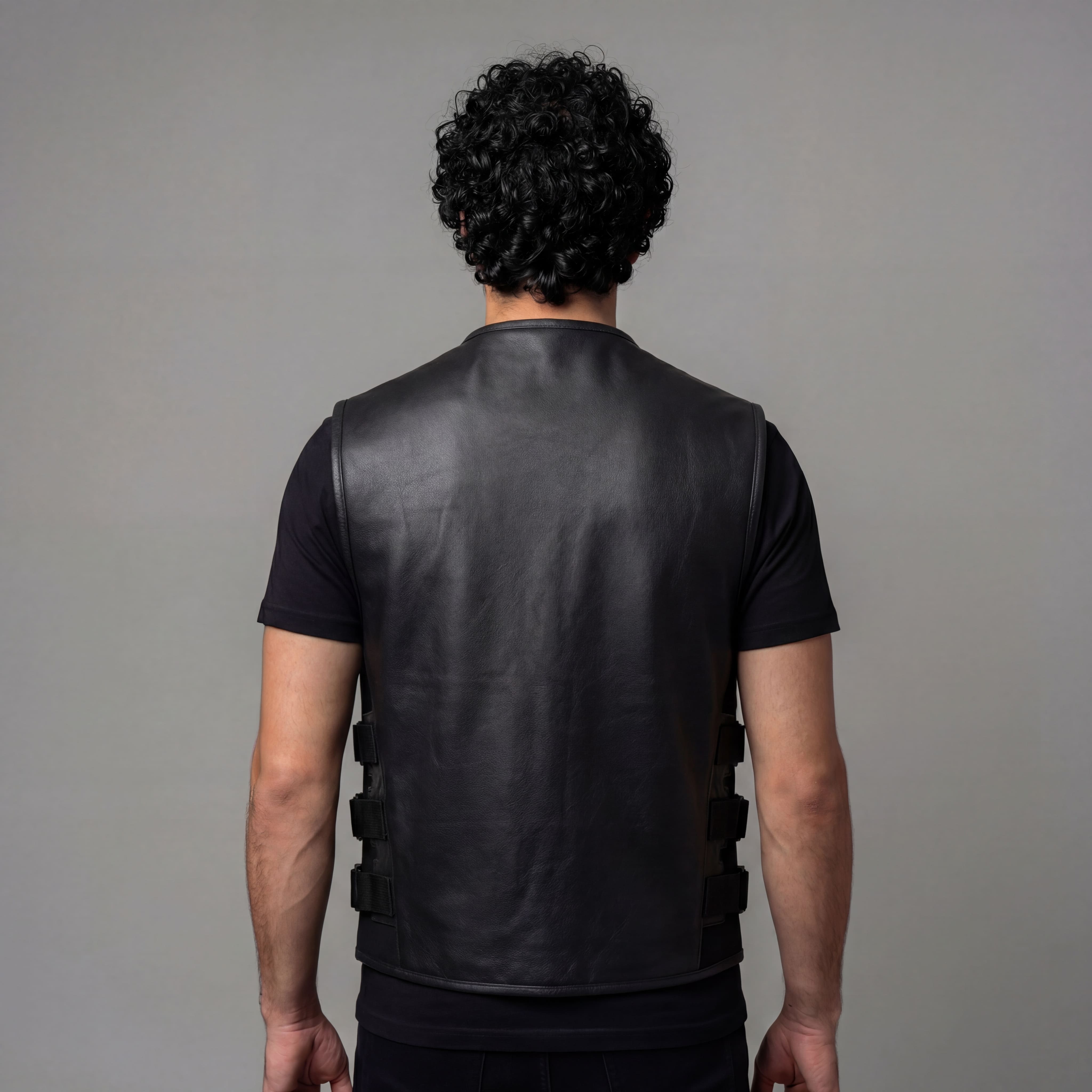 Mens Black SWAT Team Style Premium Leather Motorcycle Vest - back pose