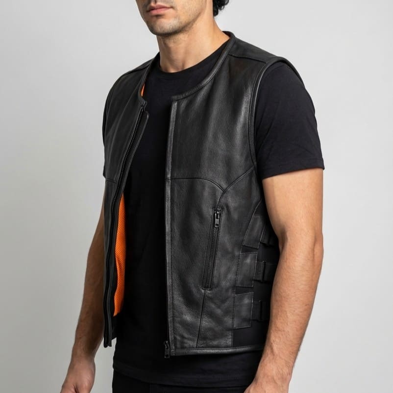 Mens Black SWAT Team Style Premium Leather Motorcycle Vest - side pose