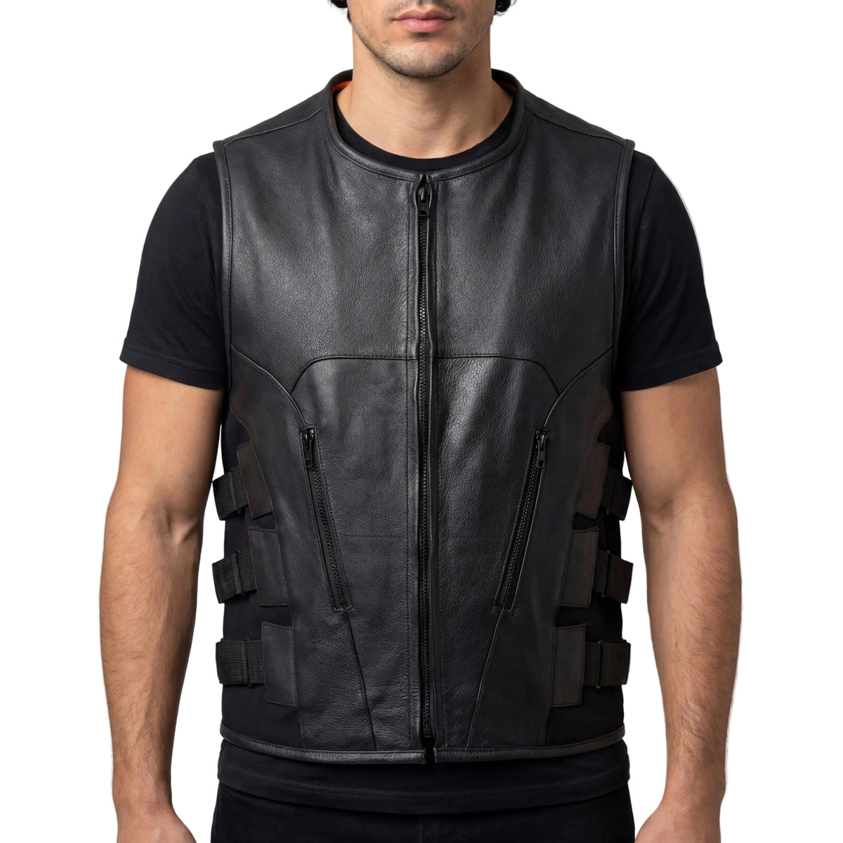 Mens Black SWAT Team Style Premium Leather Motorcycle Vest - front pose