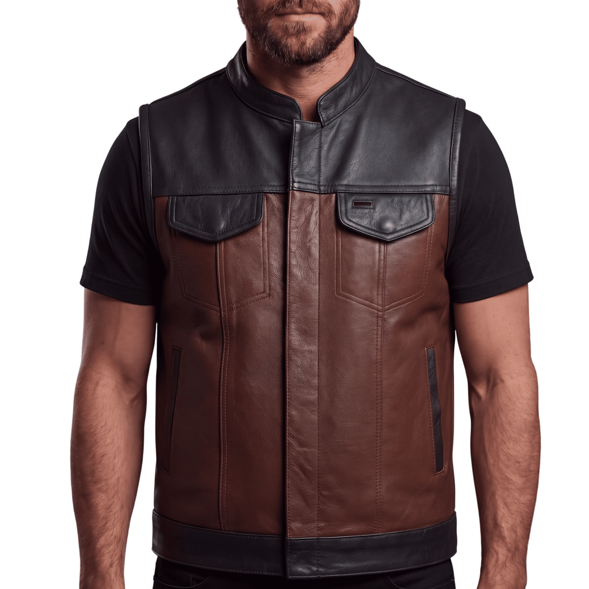 Men's Two-Tone Brown & Black Leather Motorcycle Riding Club Vest with Paisley Liner & CCW Pockets - front
