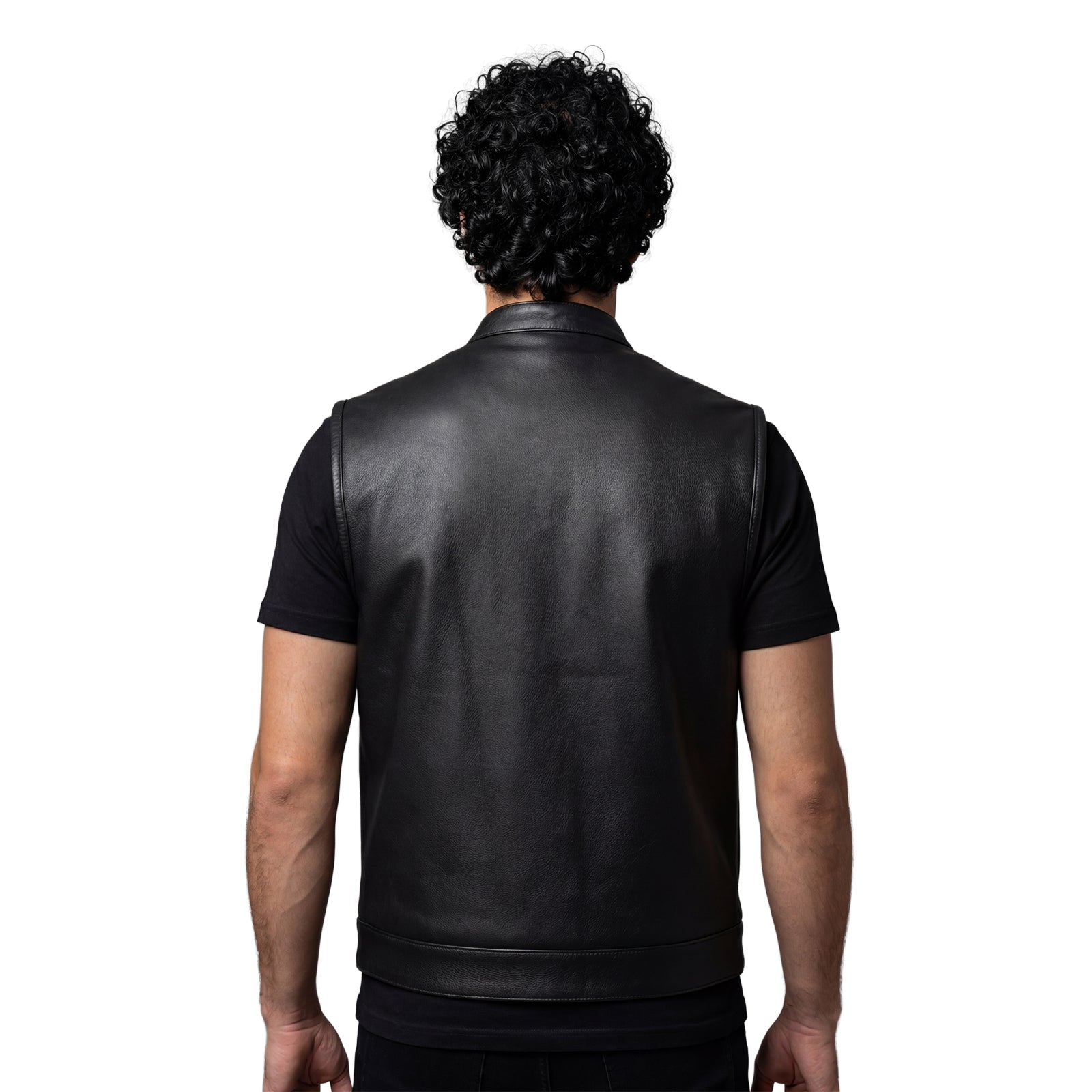 Vance Mens Black Premium Cowhide Leather Motorcycle Biker SOA Style Club Vest with Hoodie - back pose
