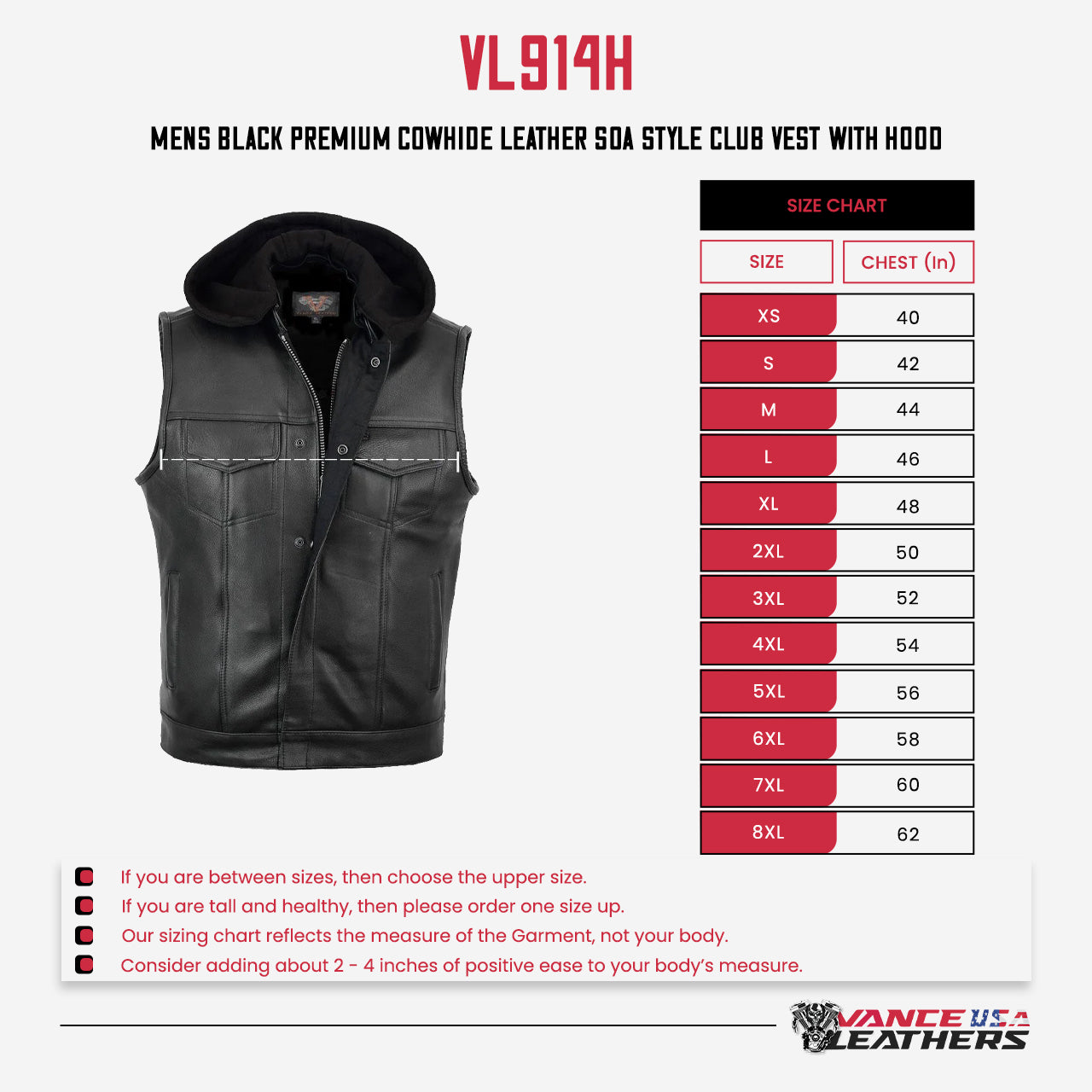 Vance Mens Black Premium Cowhide Leather Motorcycle Biker SOA Style Club Vest with Hood - size chart