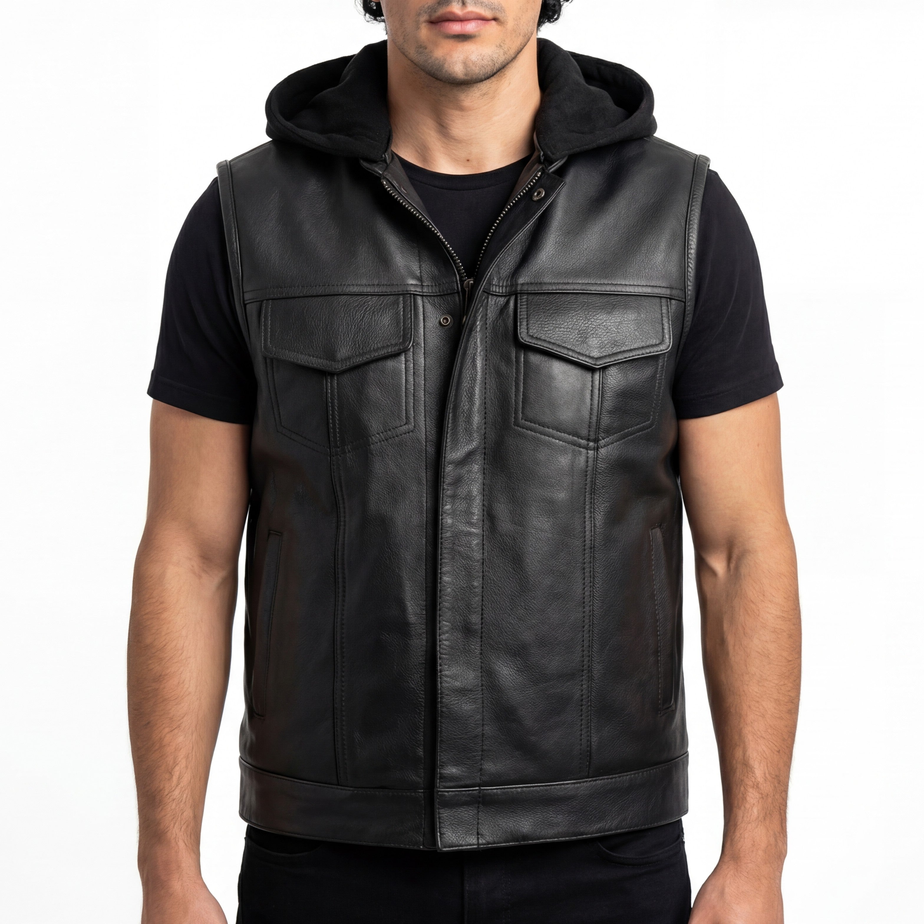 Vance Mens Black Premium Cowhide Leather Motorcycle Biker SOA Style Club Vest with Hoodie - front pose