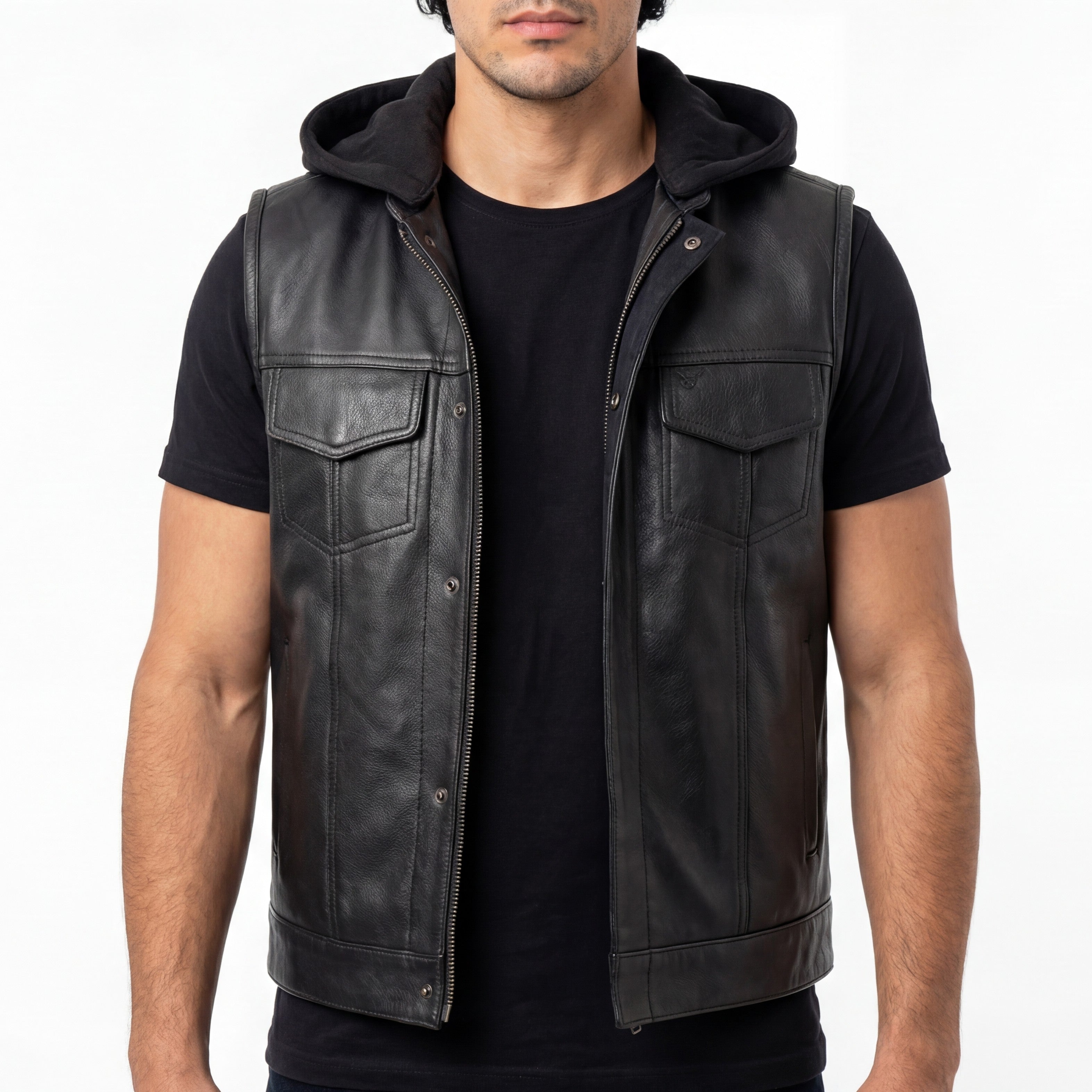 Vance Mens Black Premium Cowhide Leather Motorcycle Biker SOA Style Club Vest with Hoodie - front pose-1