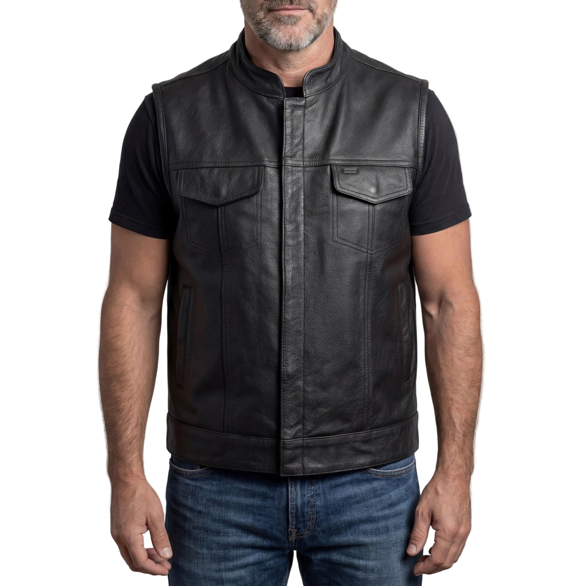 Men's Standard Black Zipper and Snap Closure Concealed Carry SOA Style Leather Motorcycle Vest - Front Pose