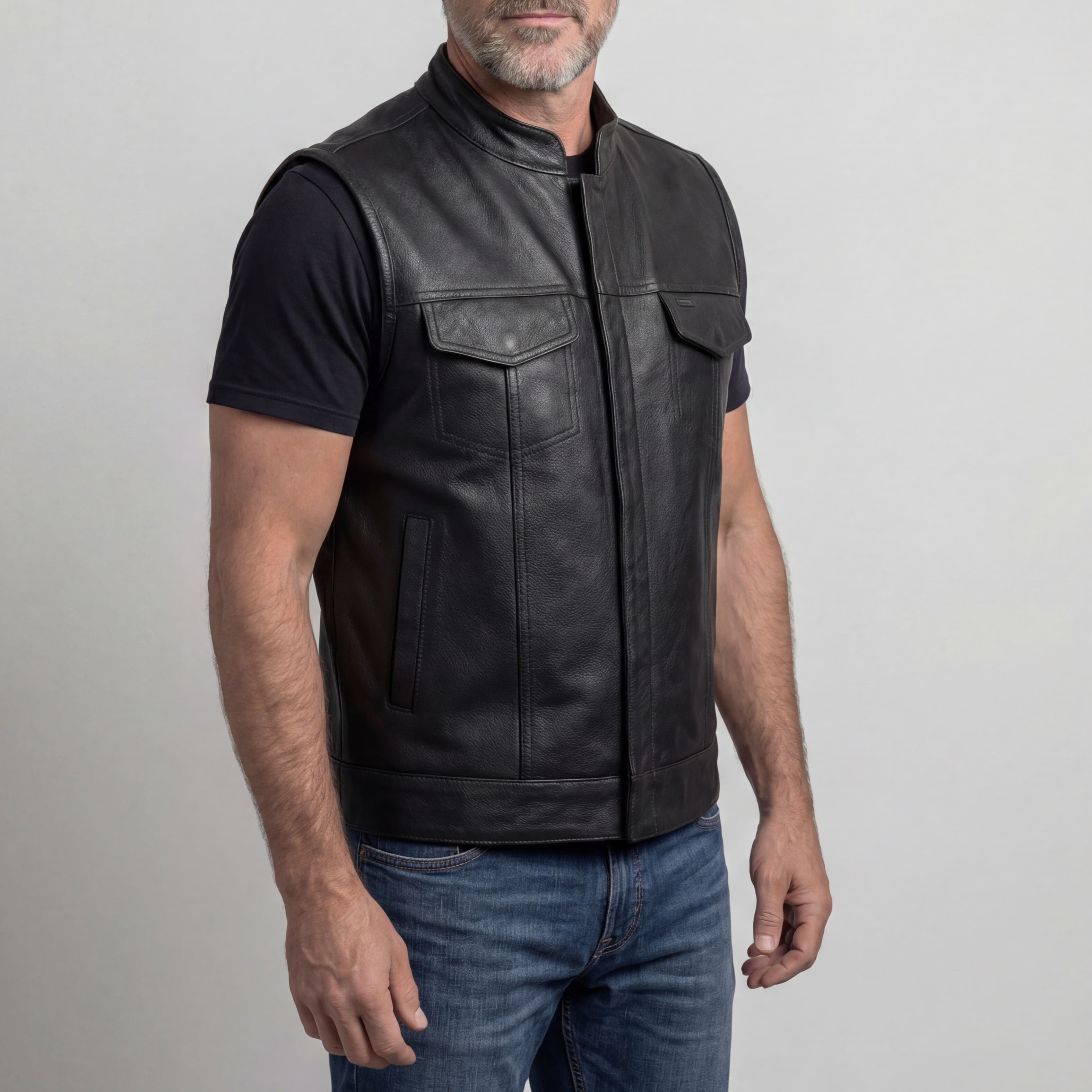 Men's Standard Black Zipper and Snap Closure Concealed Carry SOA Style Leather Motorcycle Vest - side pose