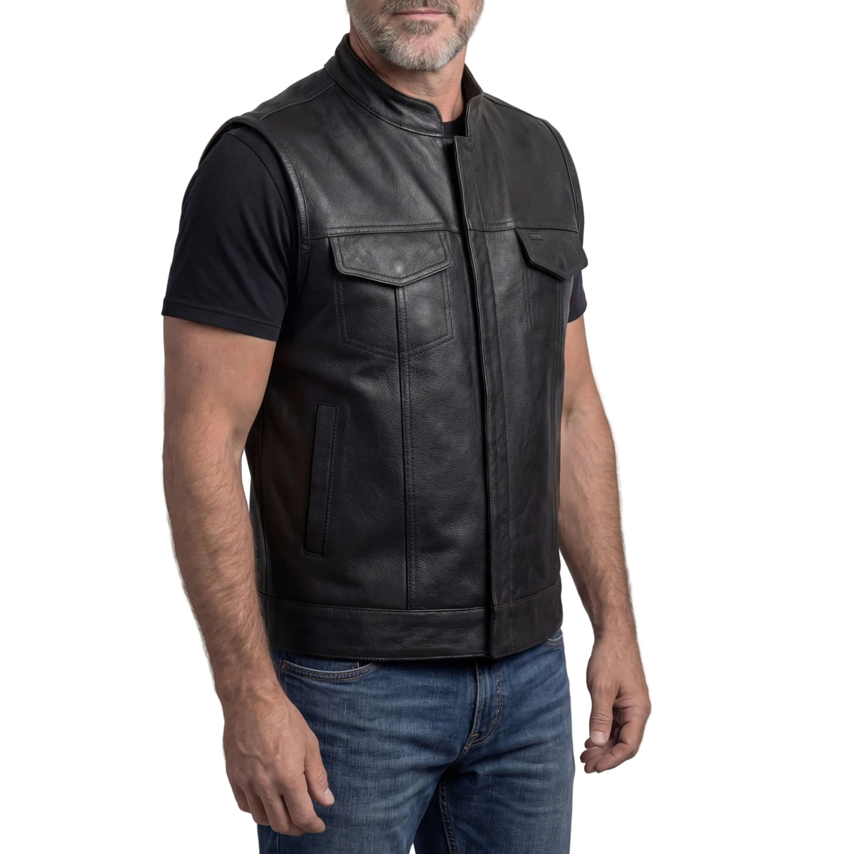 Men's Standard Black Zipper and Snap Closure Concealed Carry SOA Style Leather Motorcycle Vest - side pose