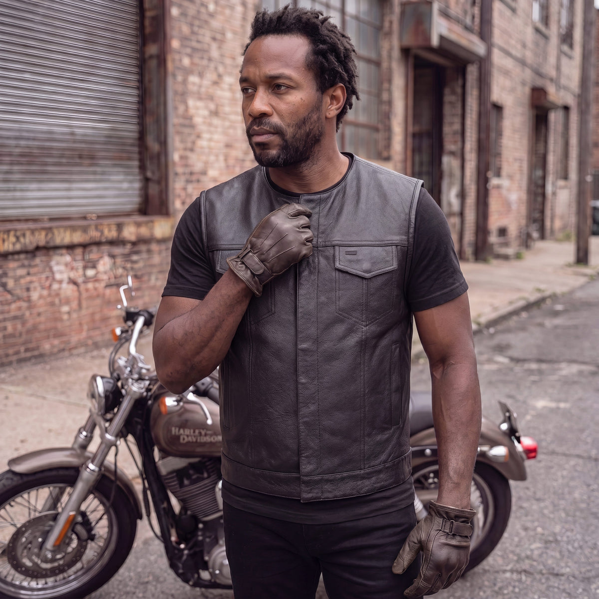 Mens Black Premium Cowhide Leather Motorcycle Vest With Quick Access Conceal Carry Pockets - lifestyle image