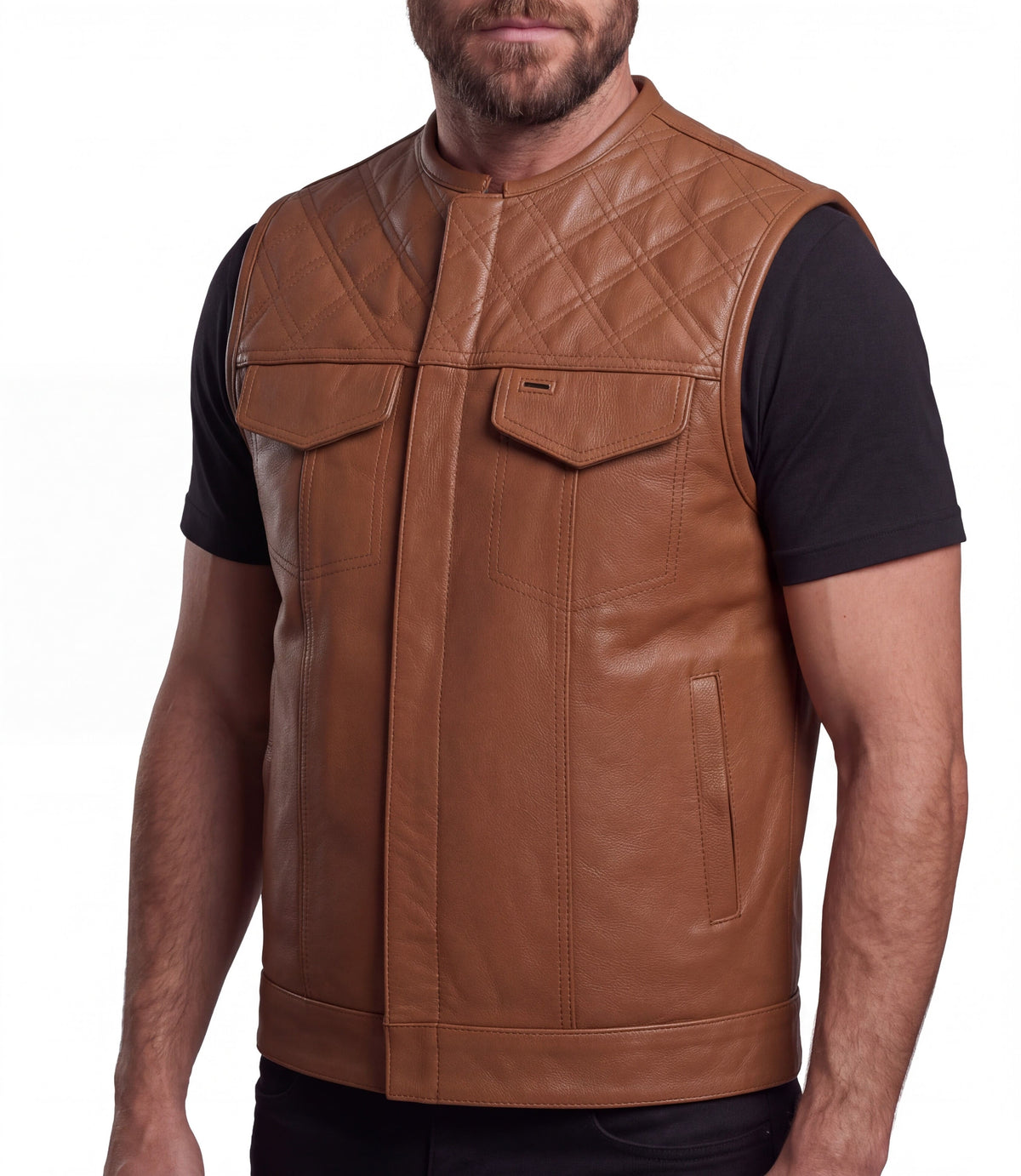 Men's Cognac Brown Leather Motorcycle Riding Club Vest, Diamond Quilted Biker Cut with CCW Pockets - side image