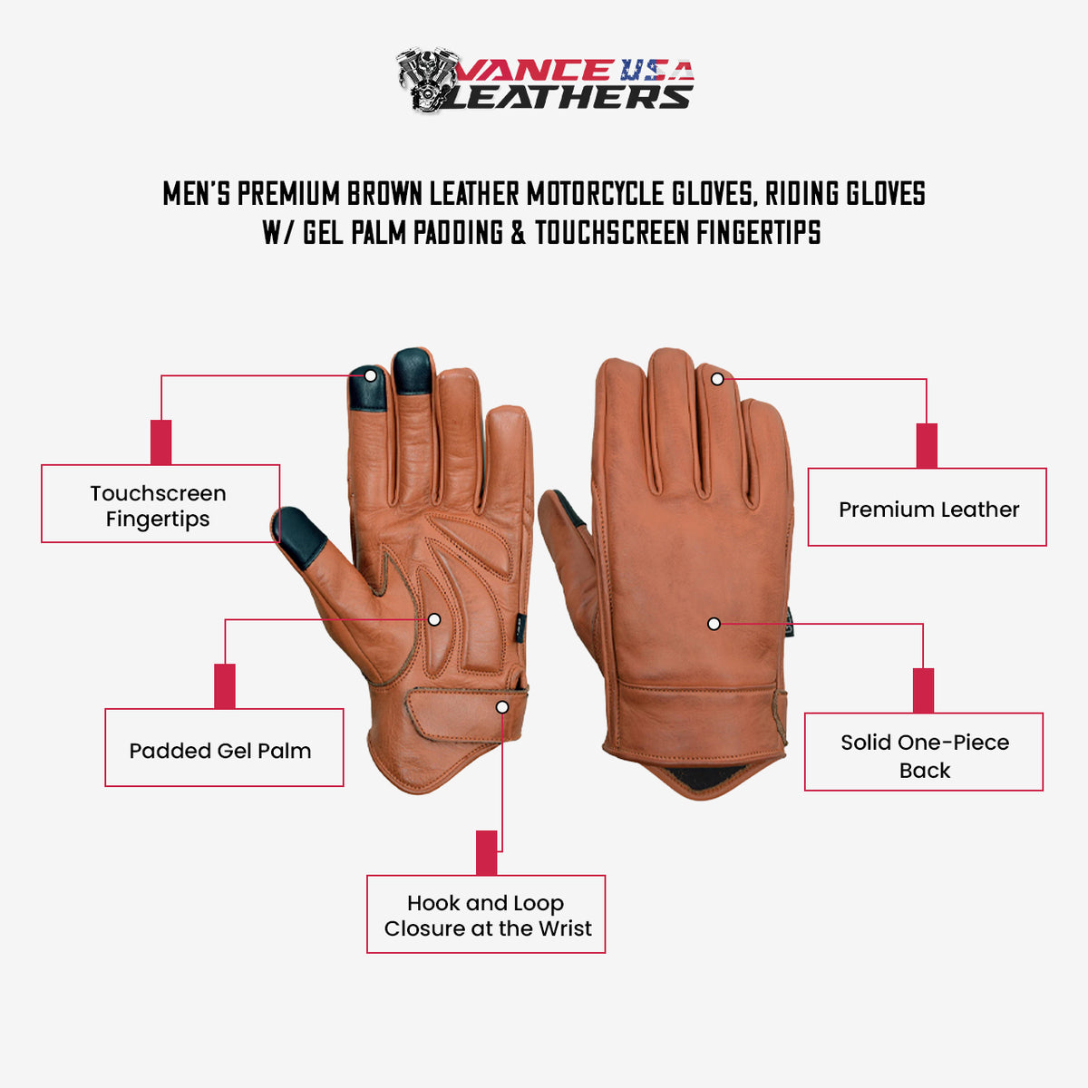 Brown leather glove diagram labeling touchscreen fingertips, gel palm padding, one-piece back, and hook-and-loop wrist closure.
