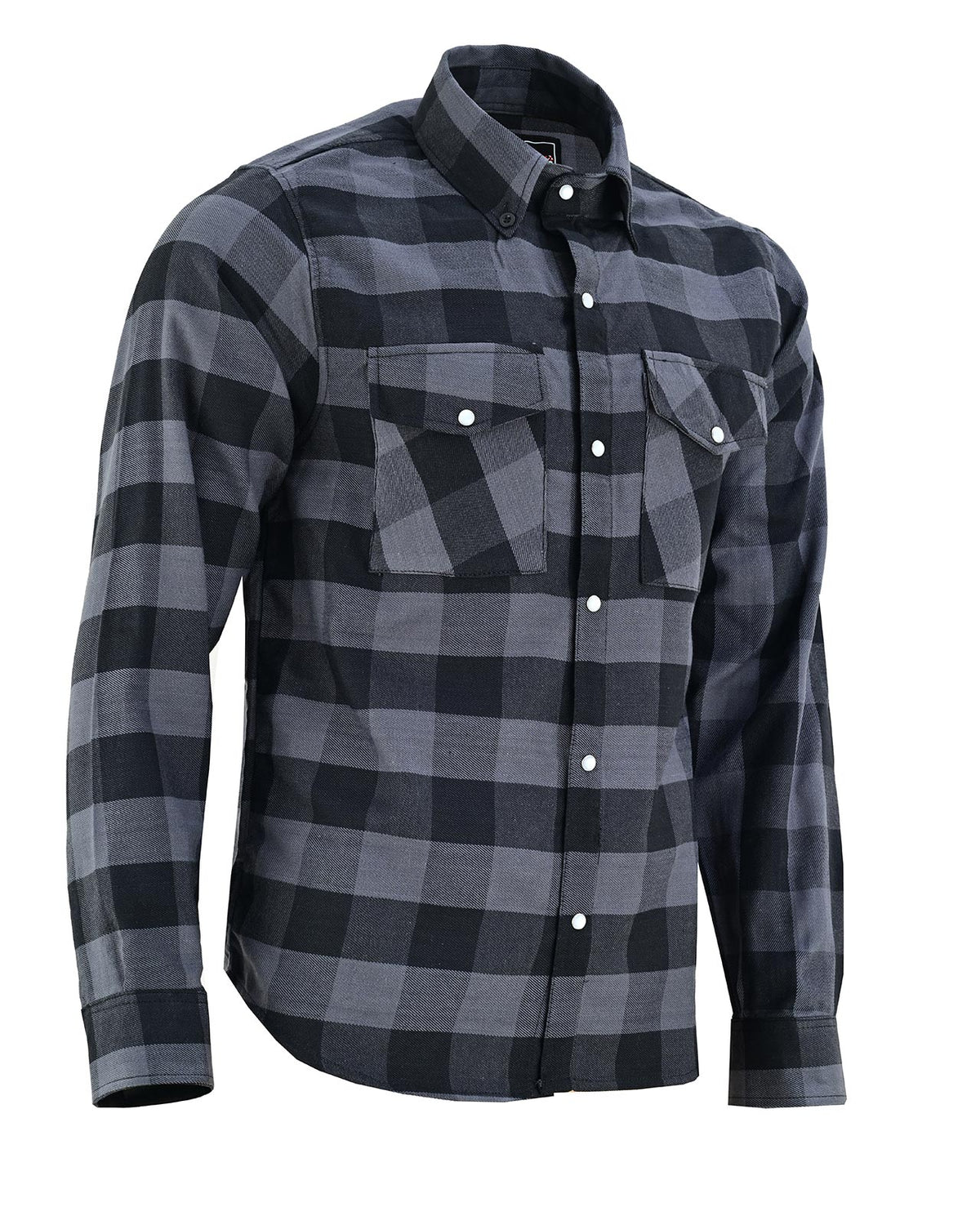 Angled front view of Vance men's grey and black plaid flannel shirt showing snap-front closure and flap chest pockets.