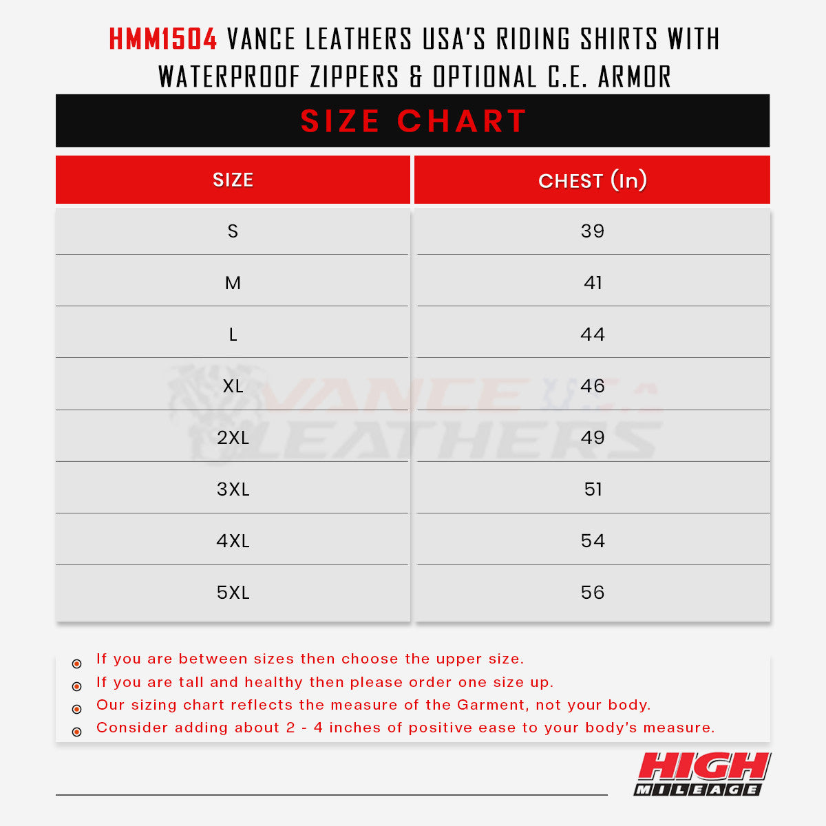 Vance Leathers HMM1504 motorcycle riding shirt size chart with garment chest measurements in inches for sizes S to 5XL.