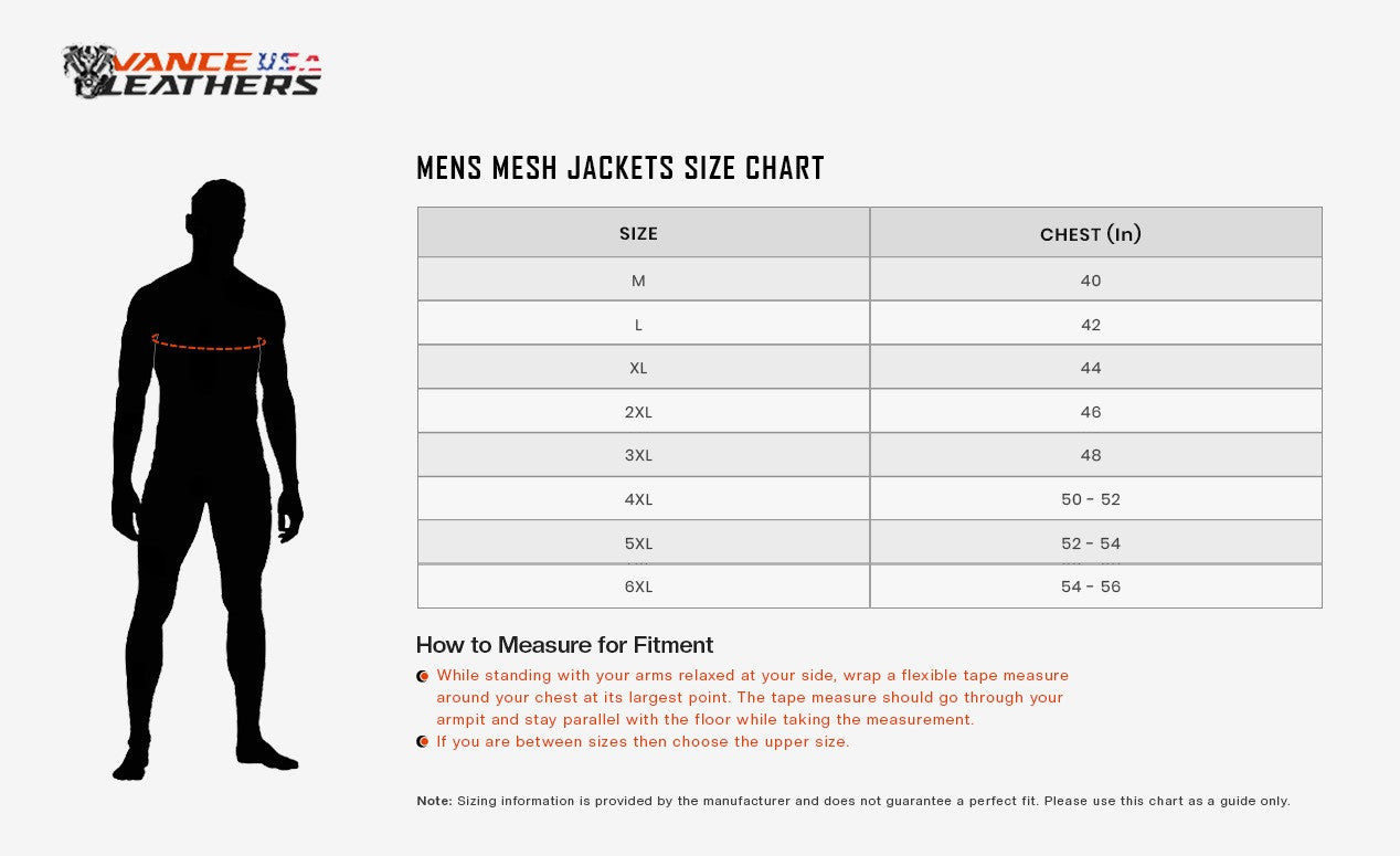 Advanced Vance VL1626 'Velocity' Waterproof 3-Season Mesh/Textile CE Armor Motorcycle Jacket - SizeChart