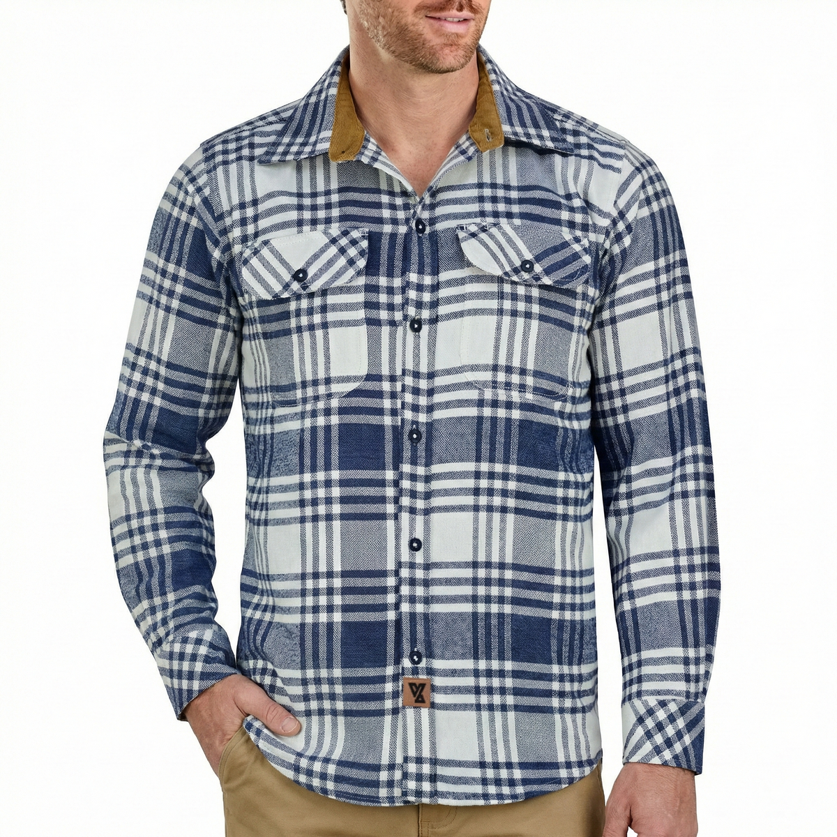 Model wearing a Glacier blue and white plaid flannel shirt with long sleeves, chest pockets and tan corduroy collar trim.