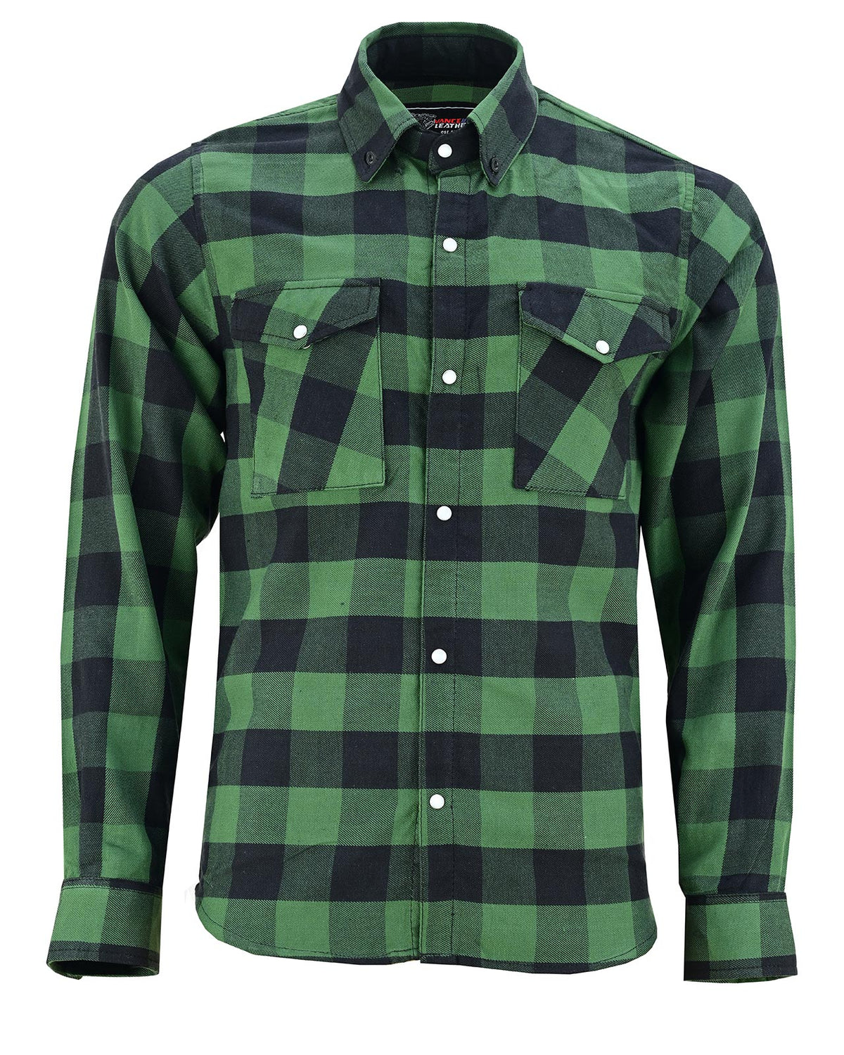 Front view of Vance men's green and black plaid flannel shirt with fastened collar, chest pockets and long sleeves.