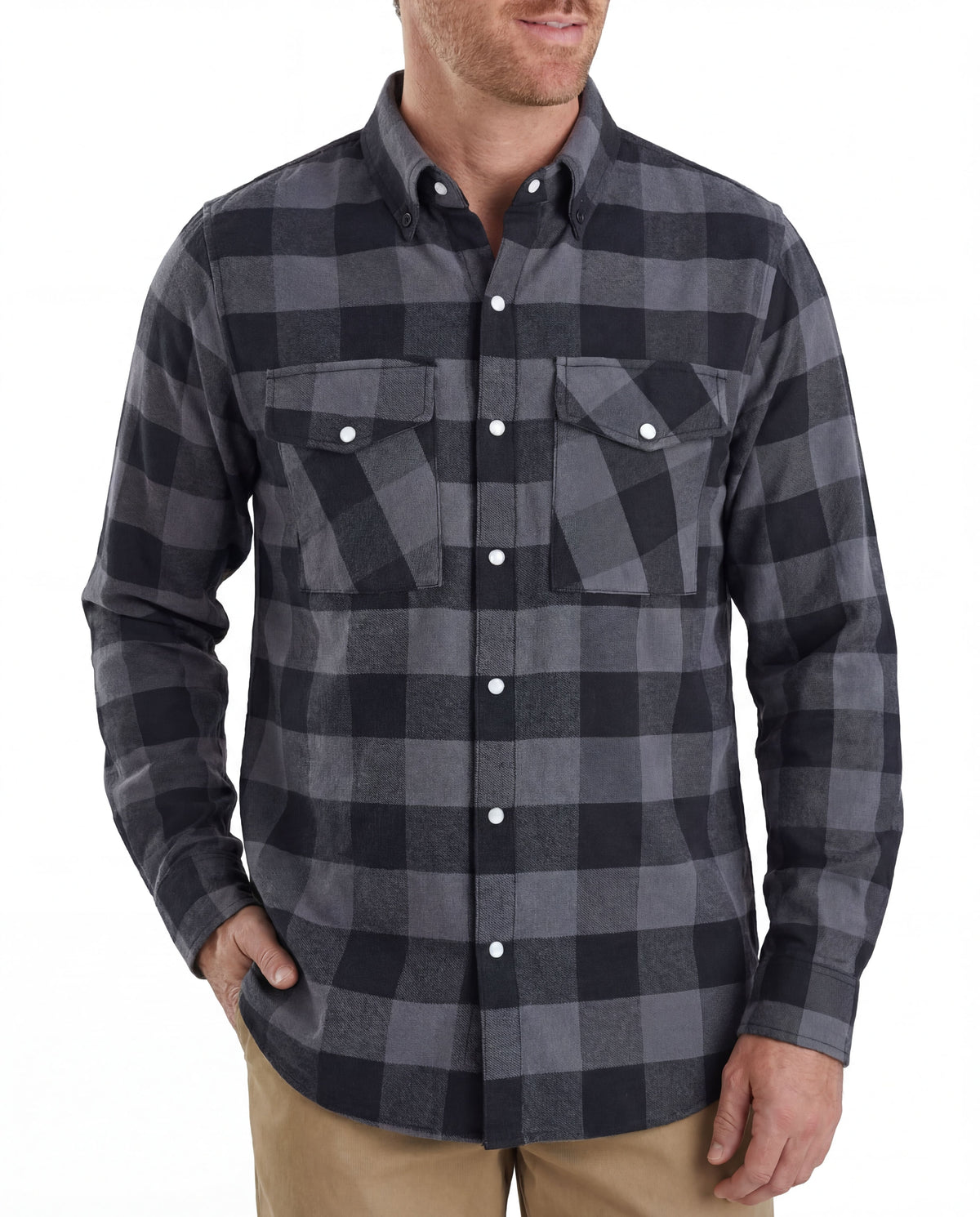 Model wearing a Vance men's grey and black plaid snap-down flannel shirt with long sleeves and dual chest pockets.