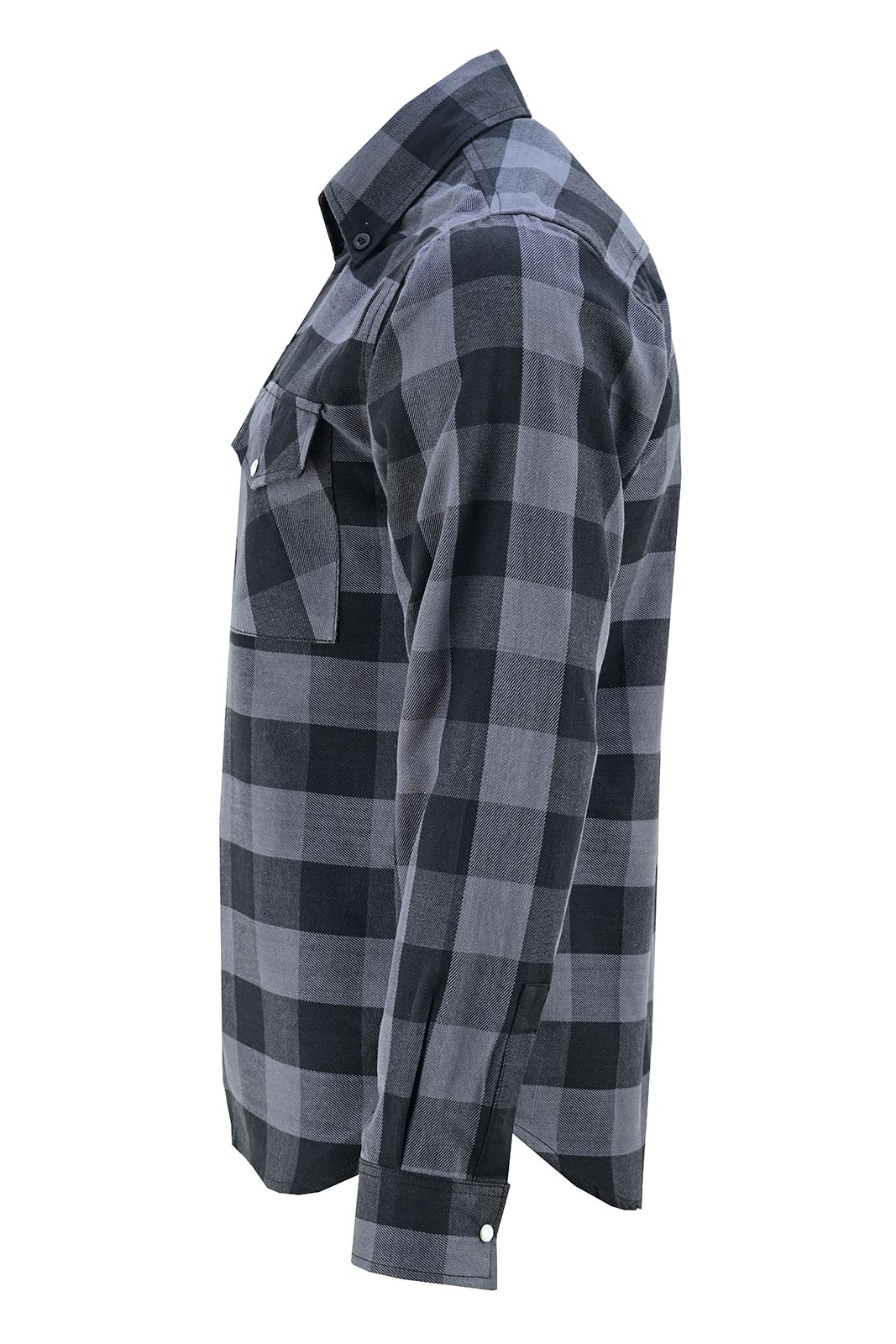 Side view of Vance men's grey and black plaid long-sleeve flannel shirt showing snap cuff and curved hem.