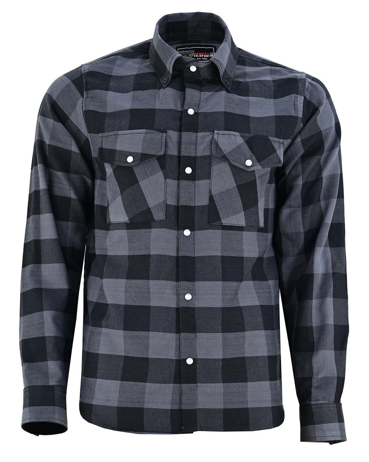 Front view of Vance men's grey and black plaid long-sleeve flannel shirt with fastened collar and snap-front closure.
