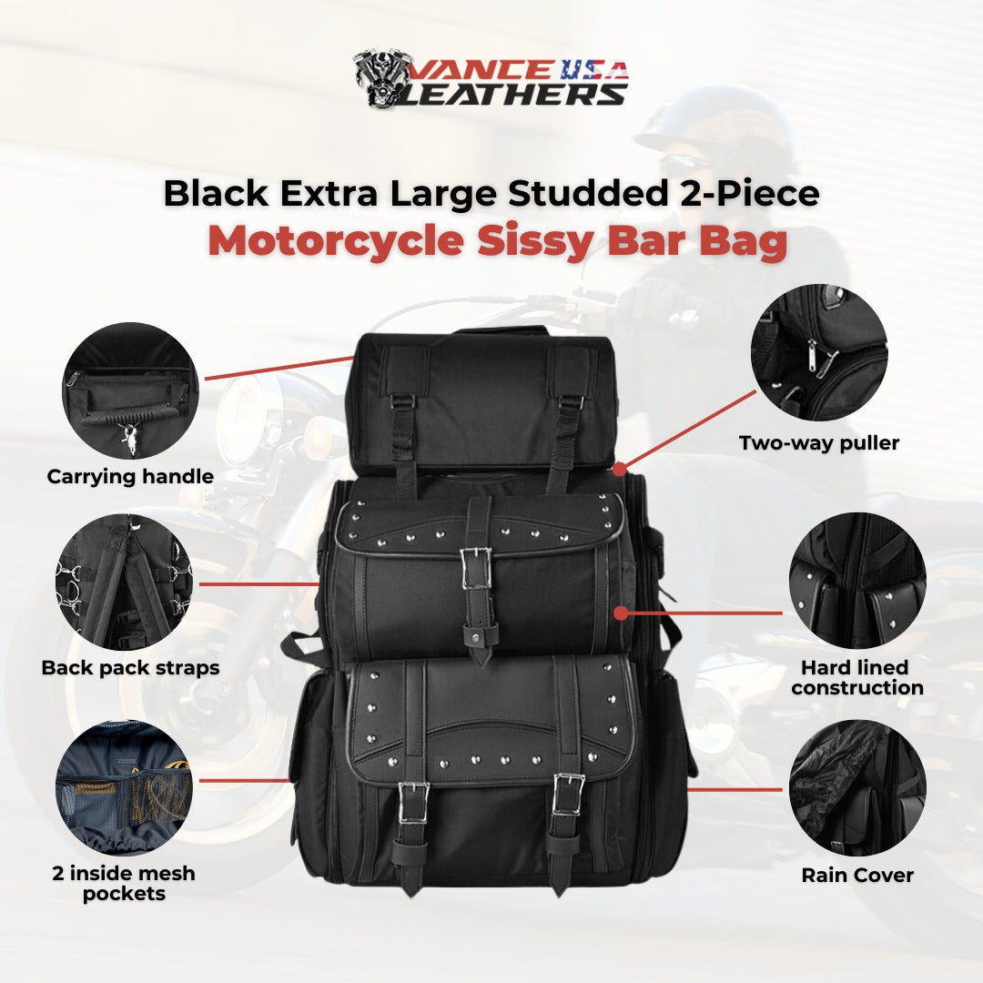 Black Extra Large Studded 2-Piece Motorcycle Sissy Bar Bag