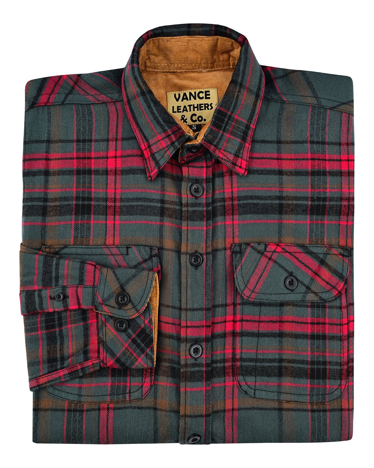 Folded Woodlot men's plaid flannel shirt showing tan corduroy collar lining, buttoned cuff and chest pocket.