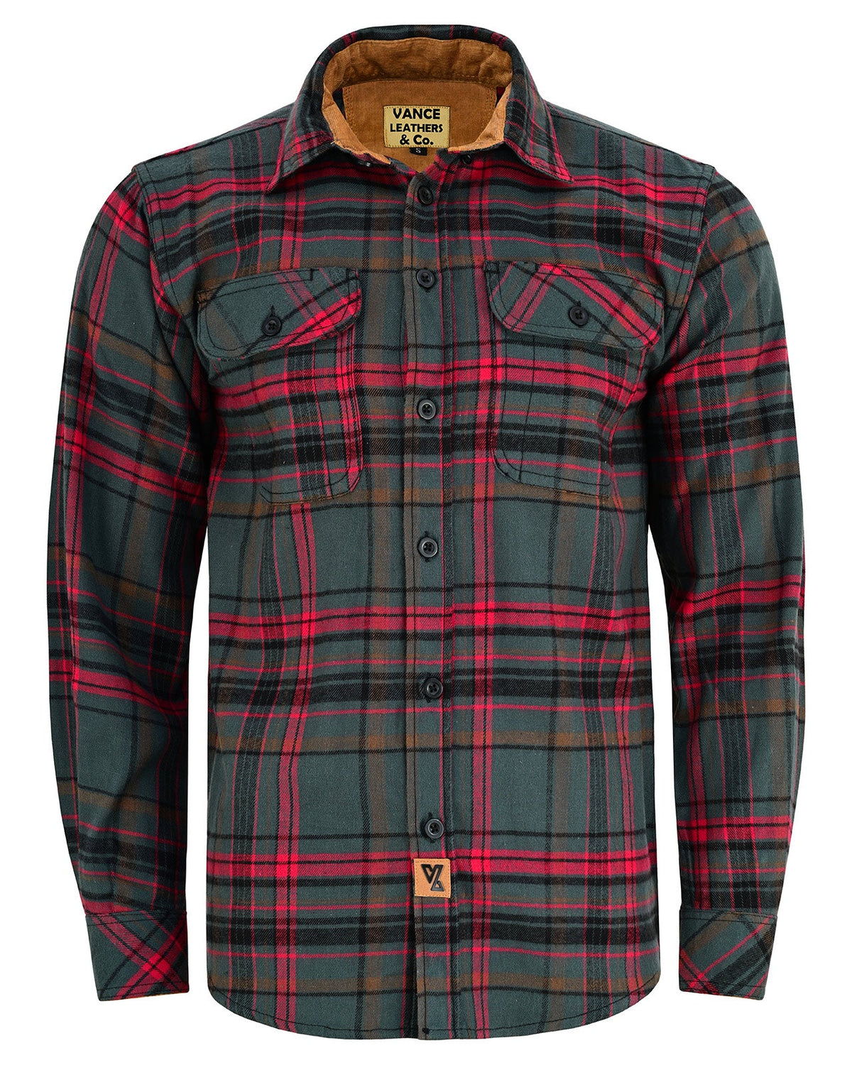 Front view of Woodlot men's long sleeve plaid flannel shirt with button closure, dual chest pockets and curved hem.