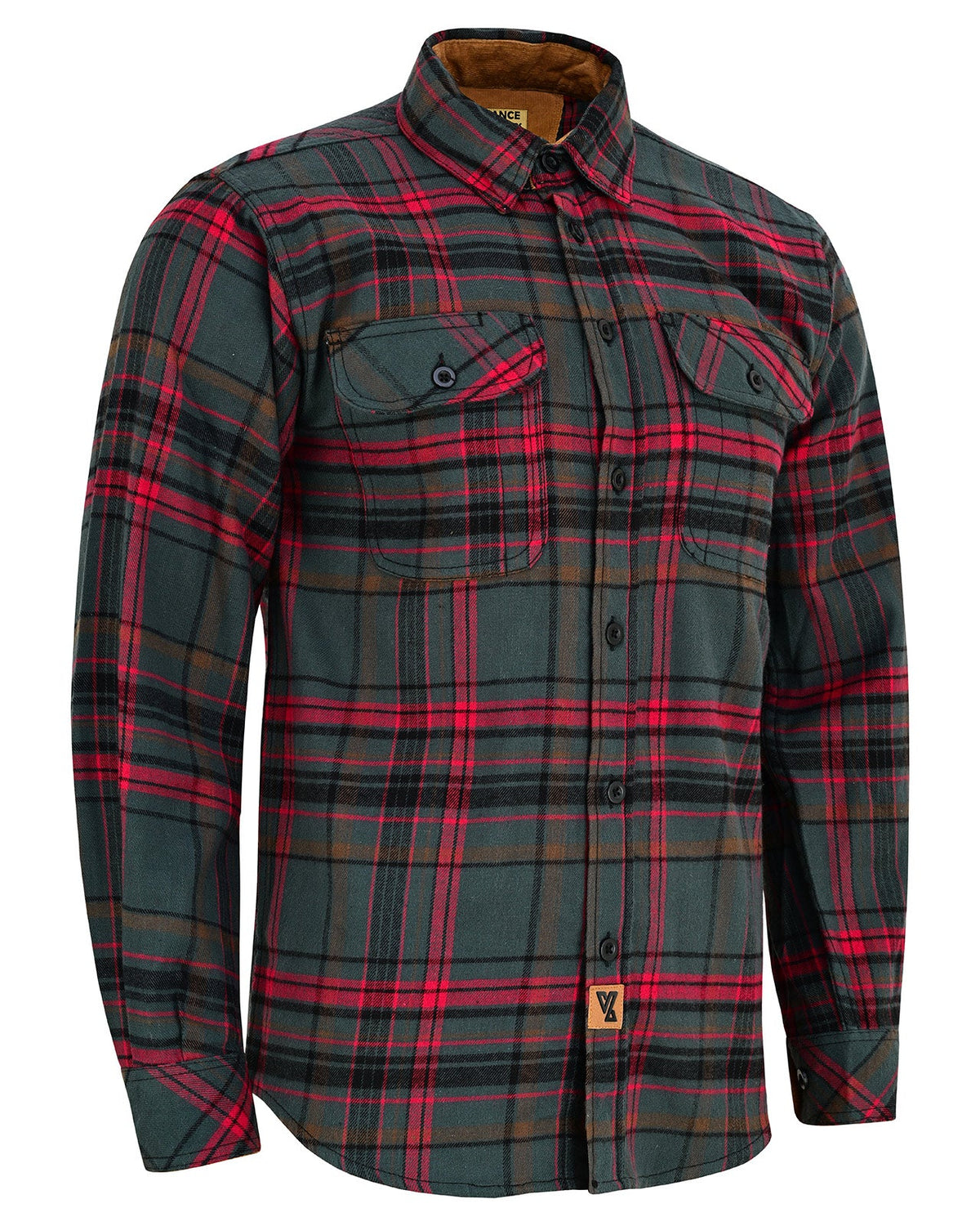 Angled front view of Woodlot men's plaid button down flannel shirt showing long sleeves and two flap chest pockets.