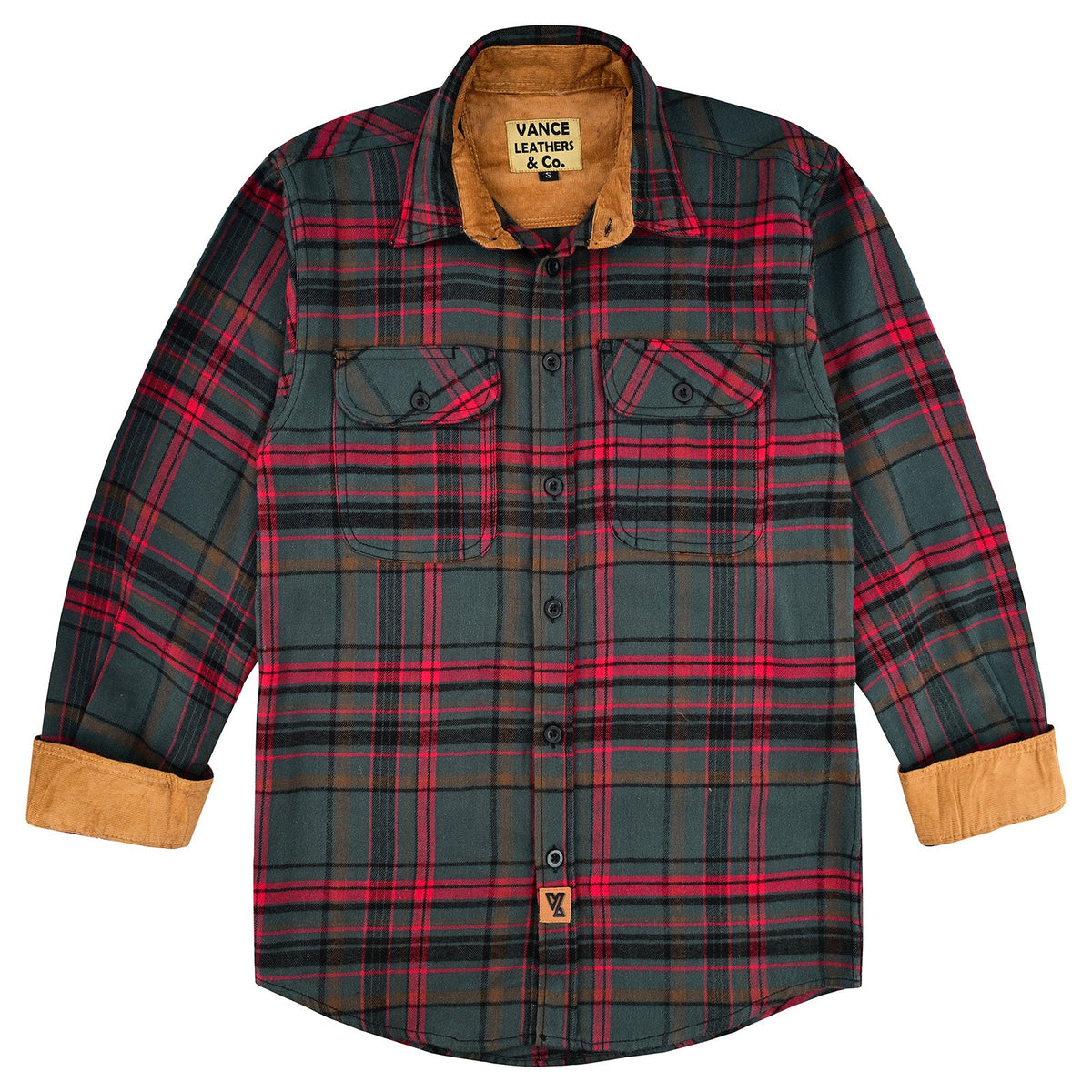 Woodlot men's green and red plaid flannel shirt laid flat with tan corduroy-lined collar and turned-up cuffs.