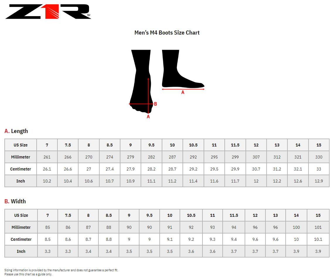 Z1R M4 Waterproof Leather Motorcycle Riding Boots - size chart