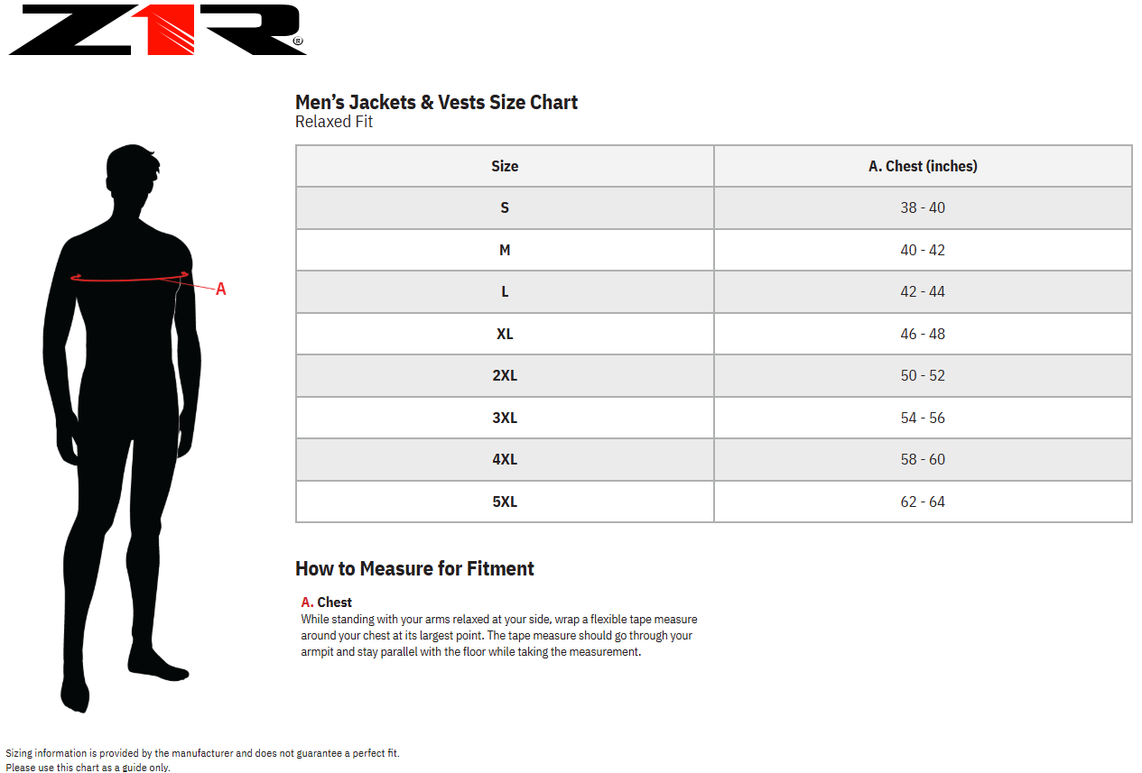 Z1R Men’s Jackets & Vests Size Chart