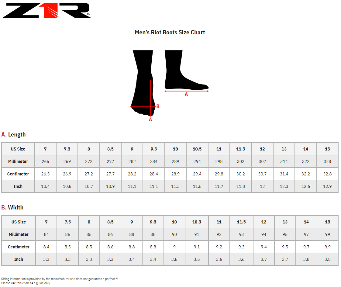 Z1R Riot Leather Boots - size chart