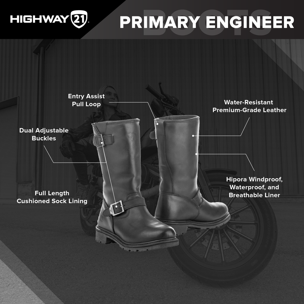 Highway 21 Primary Engineer Mens Motorcycle Riding Boots - Infographics