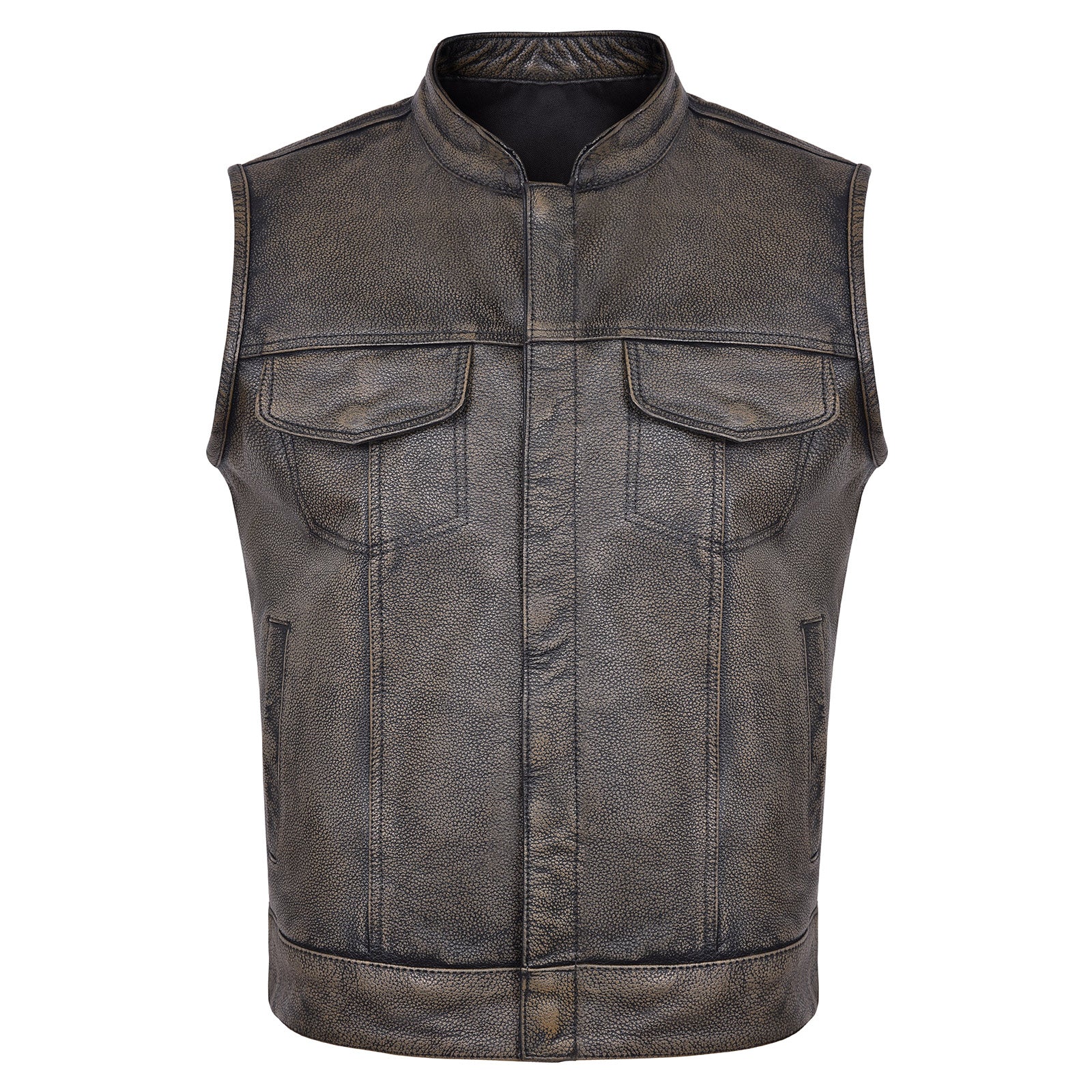 High Mileage Mens Premium Cowhide Distressed Brown SOA Style Biker Club Leather Motorcycle Vest