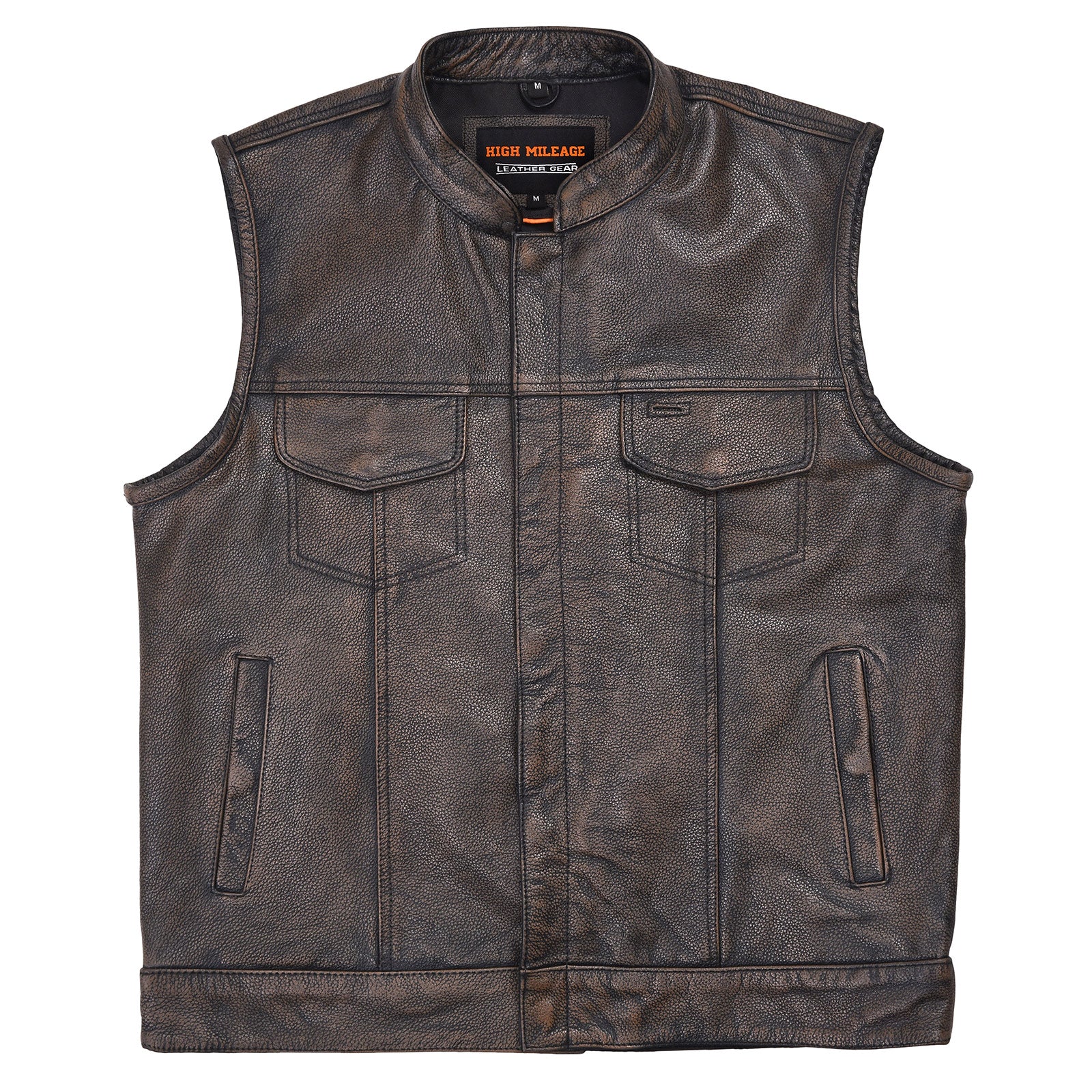 High Mileage Mens Premium Cowhide Distressed Brown SOA Style Biker Club Leather Motorcycle Vest