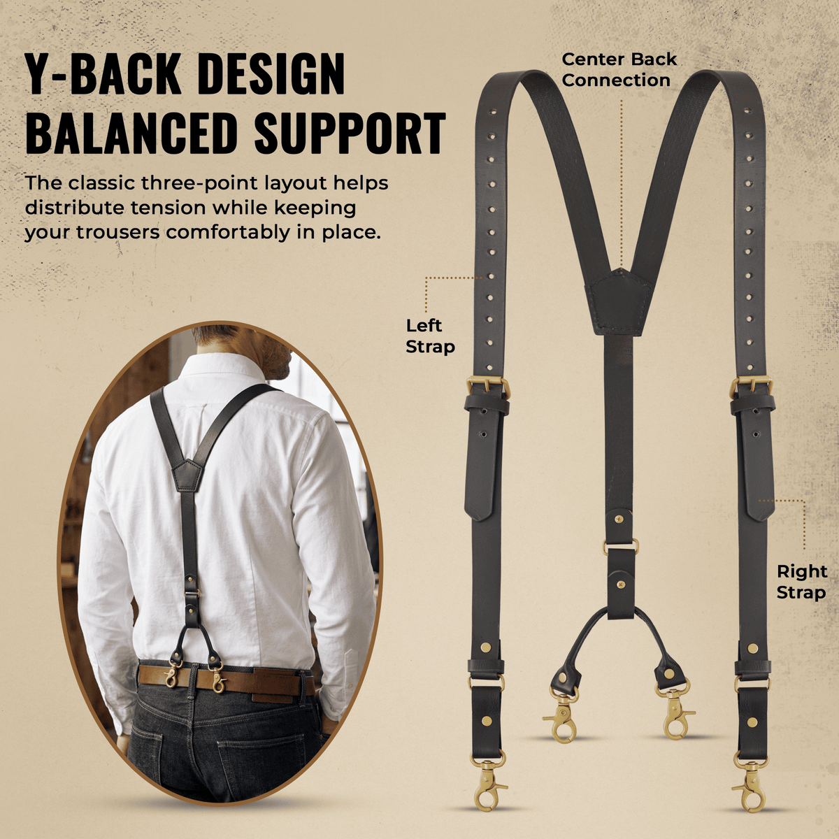 Men’s Premium Leather Y-Back Suspenders, Heavy-Duty Adjustable Braces w/ Brass Swivel Snap Hooks for Jeans & Trousers - back