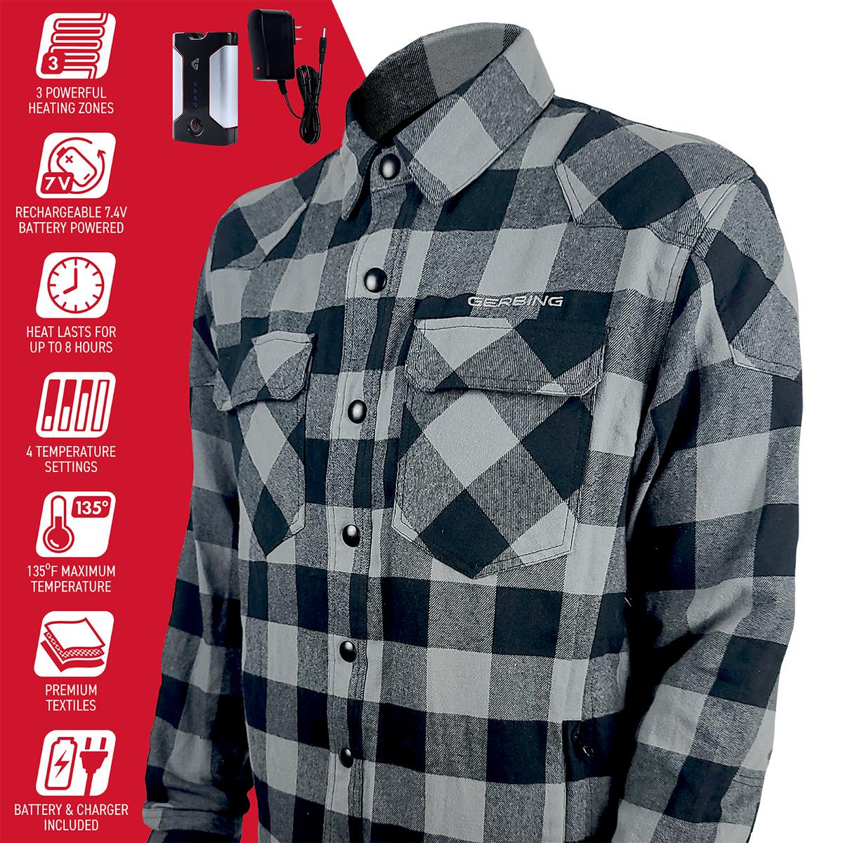 Gerbing Men's 7V Battery Heated Flannel Shirt - Grey - Features