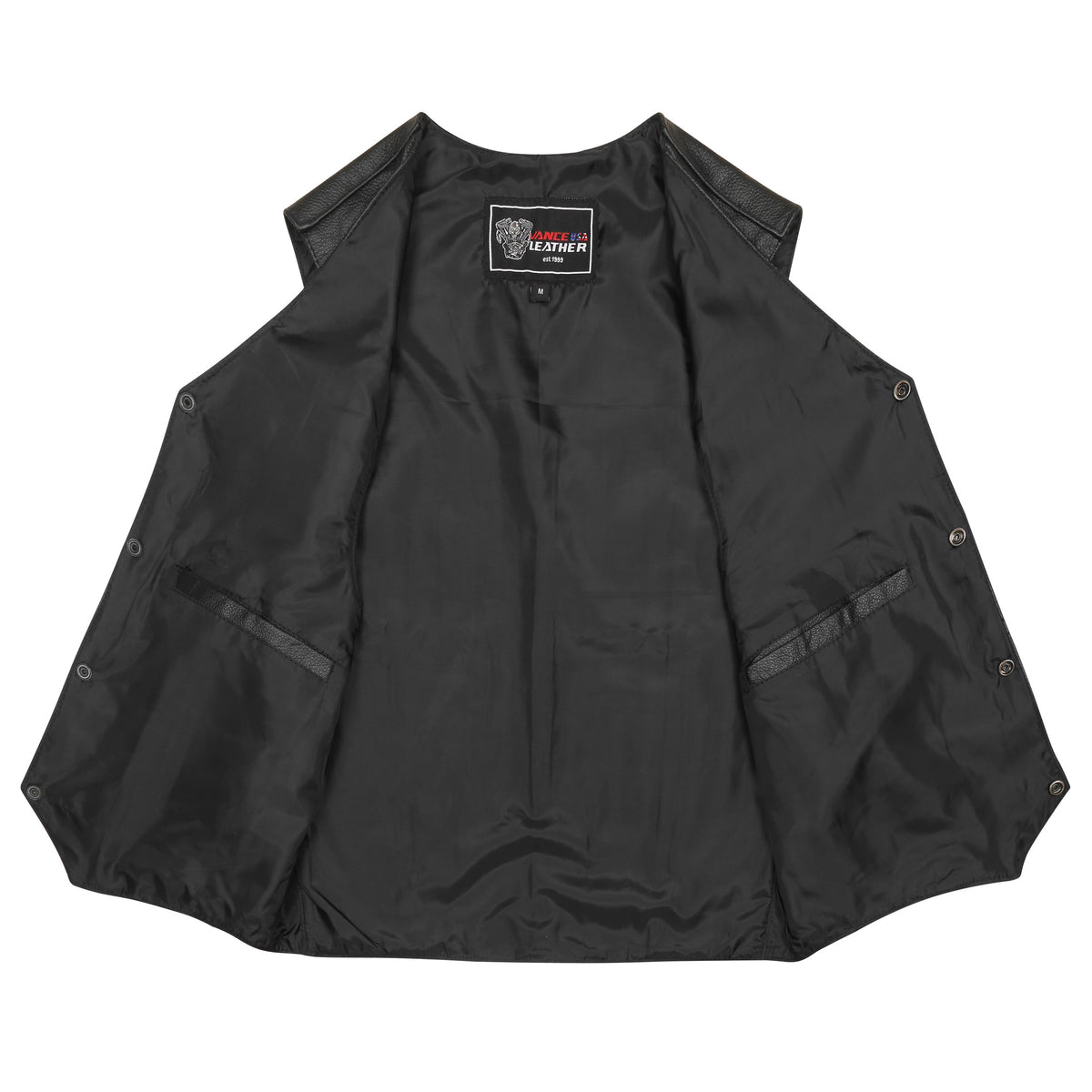 Interior polyester lining and dual inside storage pockets of Vance cowhide leather riding vest