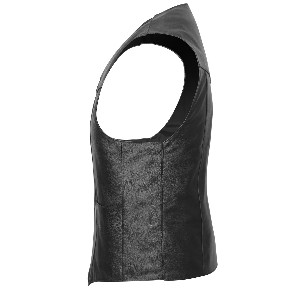 Side profile of Vance high quality cowhide leather motorcycle vest featuring smooth plain sides