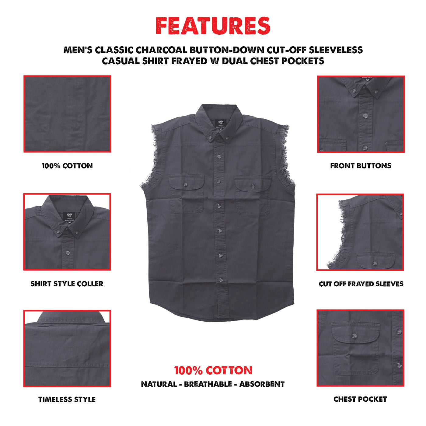 Vance Textiles - Men's Biker Motorcycle Charcoal Cut Off Sleeveless Shirt