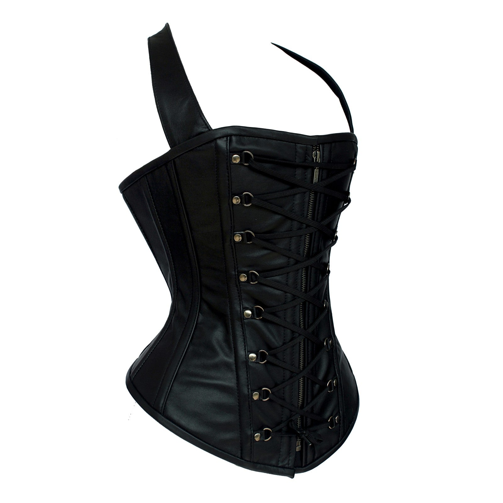 Women's Black Leather Corset 14 Steel Boned Waist Trainer with Antique Brass Zipper Cowhide Leather Biker Corset | Gothic Steampunk Body Shaper