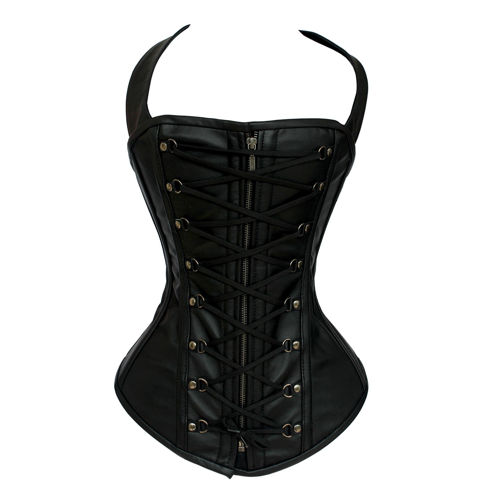 Women's Black Leather Corset 14 Steel Boned Waist Trainer with Antique Brass Zipper Cowhide Leather Biker Corset | Gothic Steampunk Body Shaper