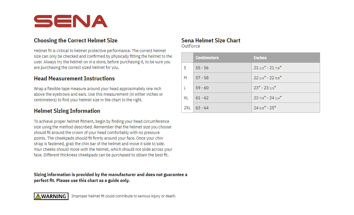 Sena OutForce Full Face Motorcycle Bluetooth Helmet - Size chart