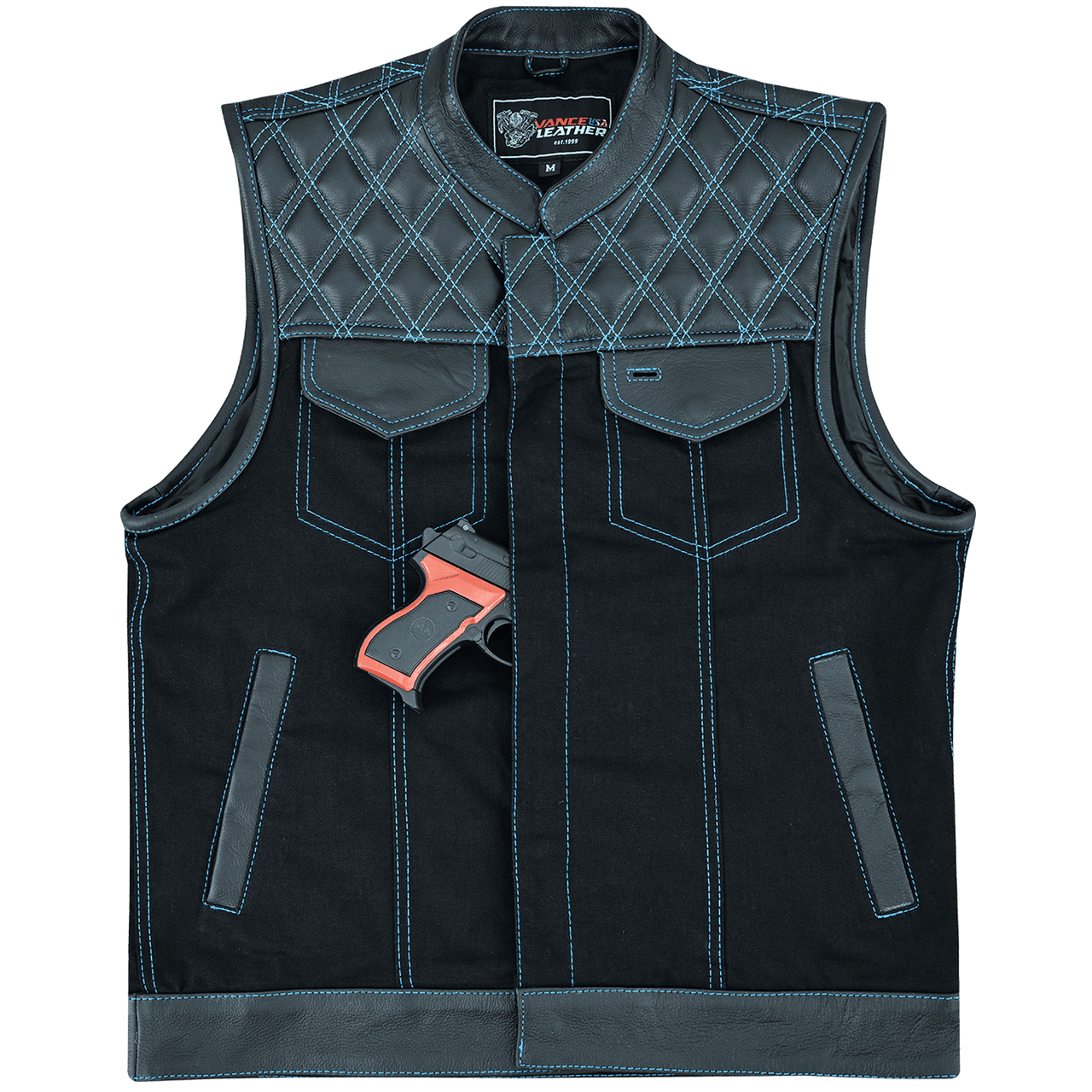 Men's Denim Leather Motorcycle Vest with Blue Stitching Men's Denim Leather Motorcycle Vest with Blue Stitching