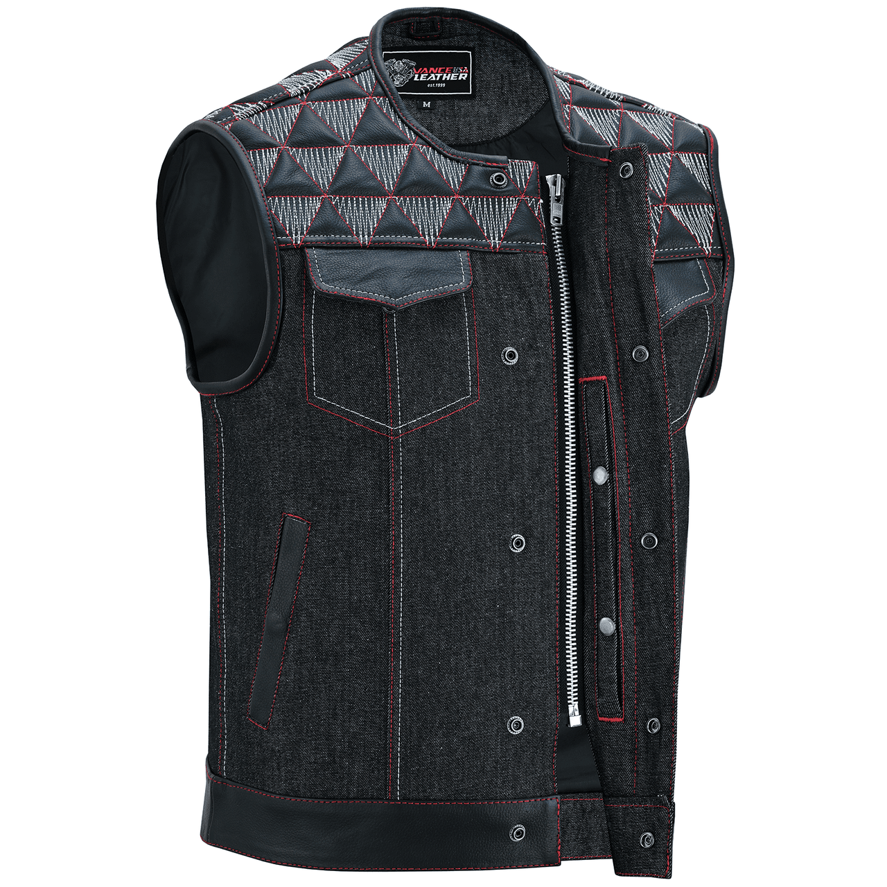 Men's Denim Leather Motorcycle Vest with Red & White Stitching Men's Denim Leather Motorcycle Vest with Red & White Stitching