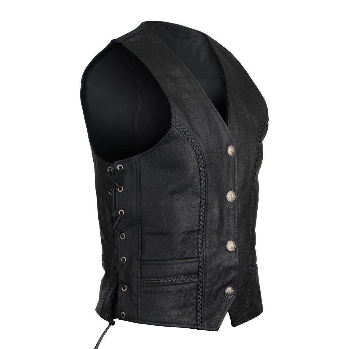 Men’s Buffalo Nickel Leather Motorcycle Vest Braided Front & Back, Adjustable Side Laces & Classic Biker Snap Closure
