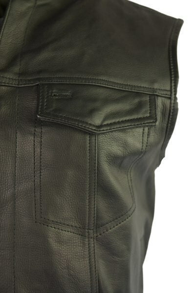Vance VL911BL Mens Black Top Grain Cowhide Leather Patch Pocket Biker Vest - Detail View