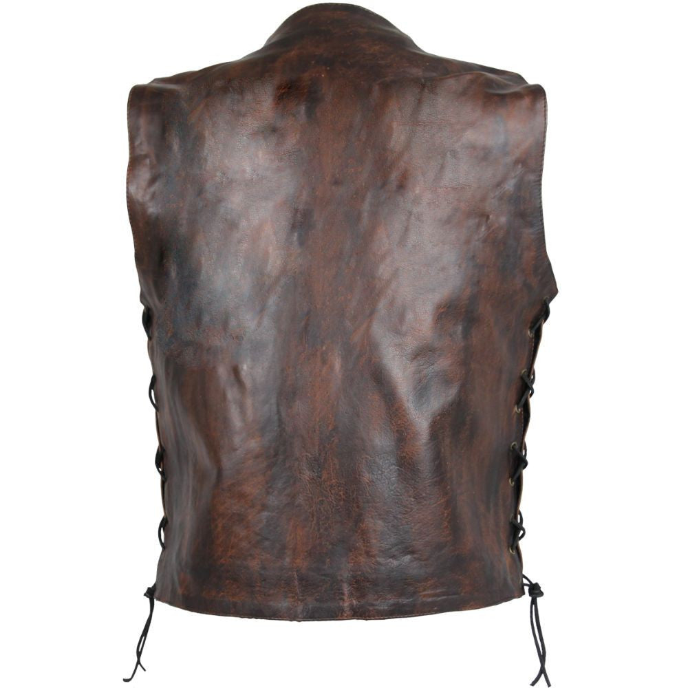 Men Vintage Brown Cowhide Ten Pocket Leather Motorcycle Vest