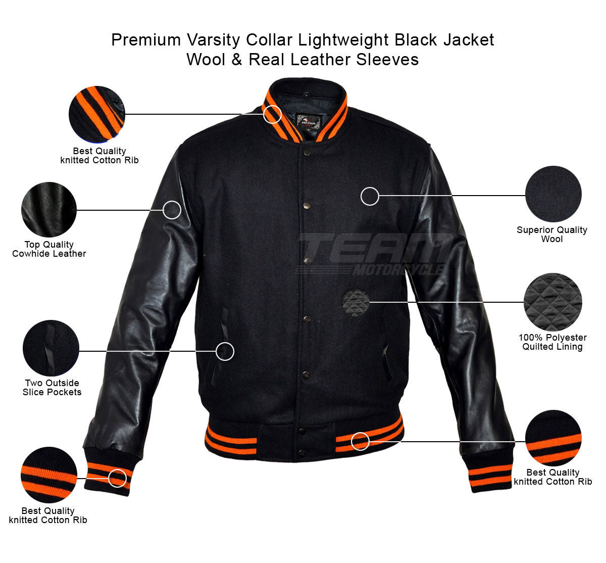 Mens Black Lightweight Wool with Real Leather Premium Varsity