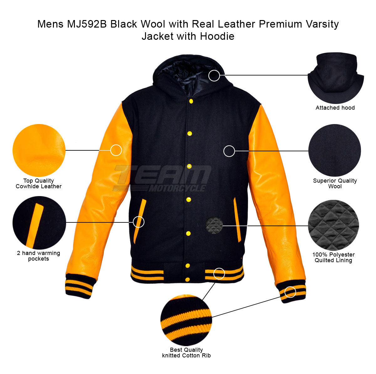 Mens MJ592B Black Wool with Real Leather Premium Varsity Jacket