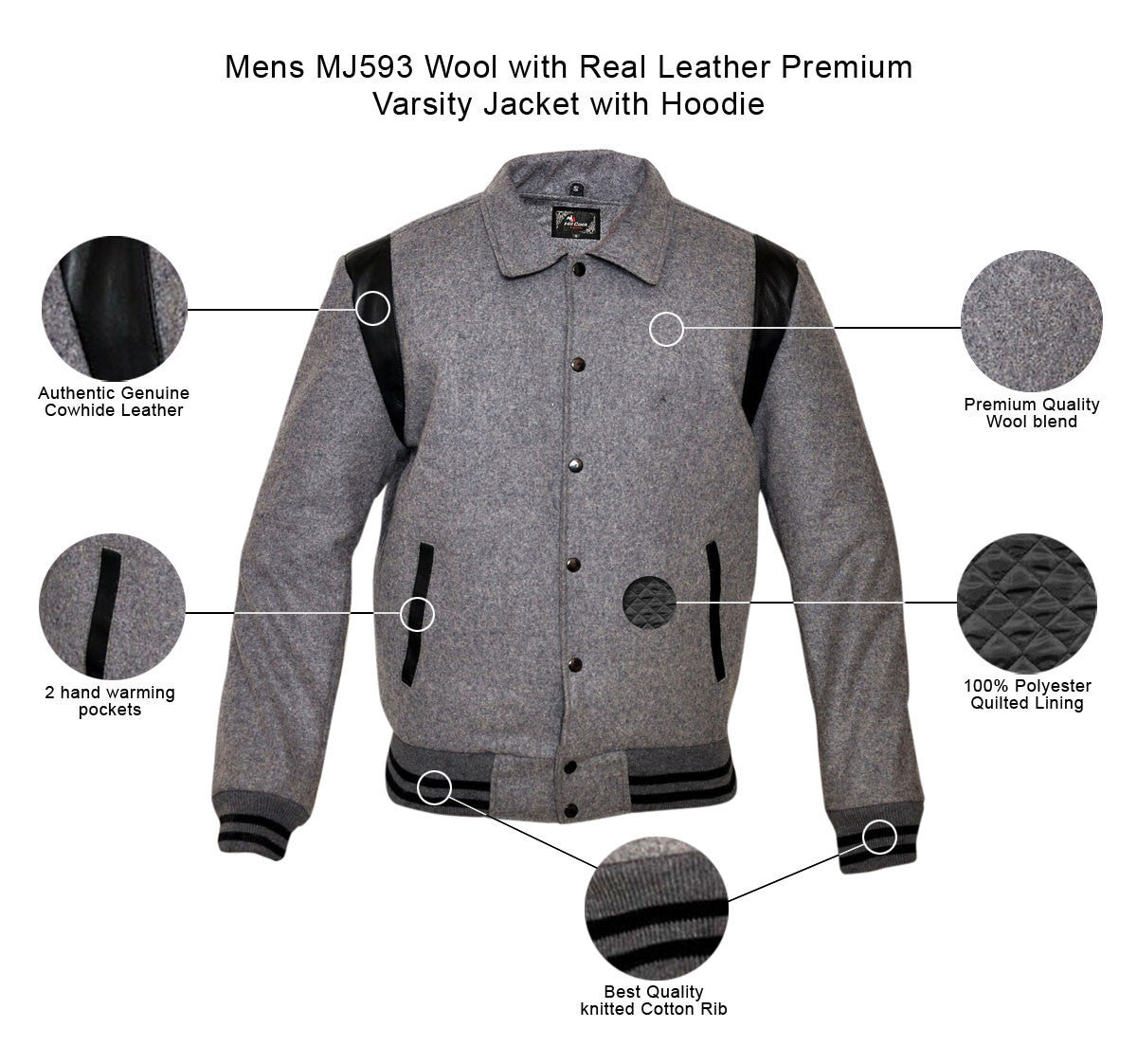 Mens MJ593 Wool with Real Leather Premium Varsity Jacket with