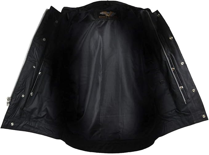 Men's Standard Black Zipper and Snap Closure Concealed Carry SOA Style Leather Motorcycle Vest